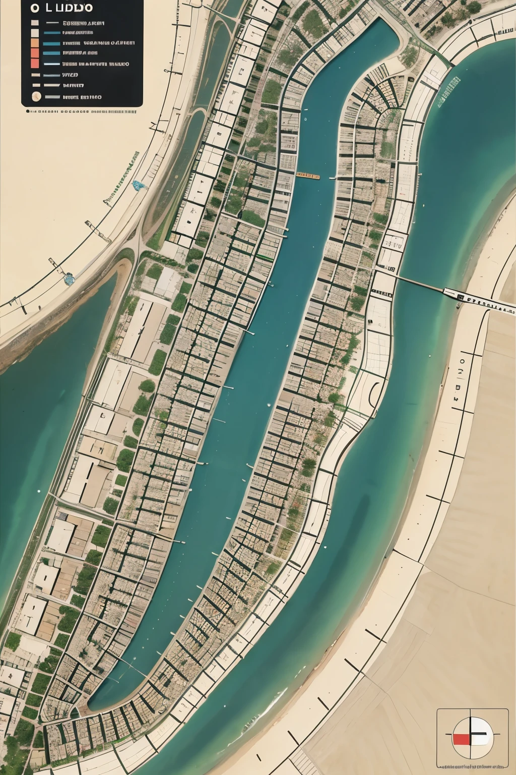 um mapa 2d de quatro cidades cortadas por um mar ao centro do mapa