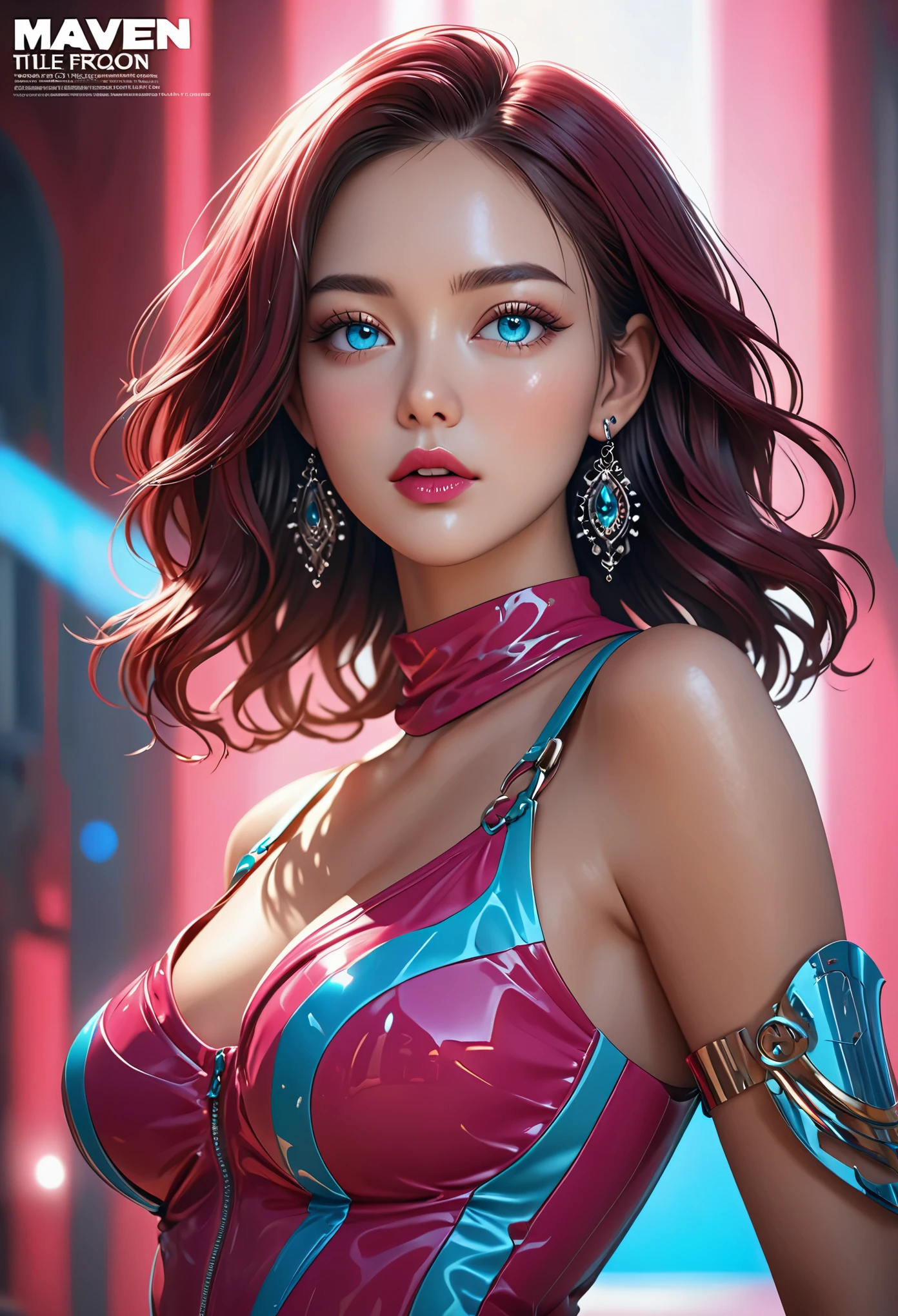 (a high detail RAW color professional full body photo), best quality, masterpiece, hyperrealistic photography, an extremely delicate and beautiful, extremely detailed, ultra-detailed, beautiful detailed girl, extremely detailed eyes and face, beautiful detailed eyes, extremely detailed CG unity 8k wallpaper, amazing, incredibly absurdres, huge filesize, highres, detailed light, cinematic lighting, lens flare, light leaks, sunlight, shine, beautiful detailed glow, organic cyborg, white plastic, diffuse lighting, fantasy, intricate, elegant, highly detailed, lifelike, photorealistic, digital painting, artstation, illustration, concept art, smooth, sharp focus, extremely detailed magazine cover-style digital painting, (magazine cover-style illustration of a fashionable woman in a vibrant outfit), abs, adding a touch of fantasy to the scene, the text on the cover should be bold and attention-grabbing, with the title of the magazine and a catchy headline, the overall style should be modern and trendy, with a focus on fashion and lifelike, helvetica-bold, portrait, A place where time doesn't exist and everything is frozen in a single moment, Maven, Average Height, Athletic, Heart-Shaped Face, Tan Skin, Chestnut Hair, turquoise Eyes, Long Nose, Pouty Lips, Receding Chin, Shoulder-Length Hair, Wavy Hair, Wavy Bob, full breasts, Cuff earrings, fuchsia, sheer lipstick, baroque oil painting, art by gaspar no, (photographed on a Canon 5D Mark IV with Canon 70-200mm lens & 2x teleconverter, 1/800th, f/10, ISO 1600), dark studio, (rim lighting,:1.4) two tone lighting, red hue, octane, unreal, dimly lit, low key, to8contrast style