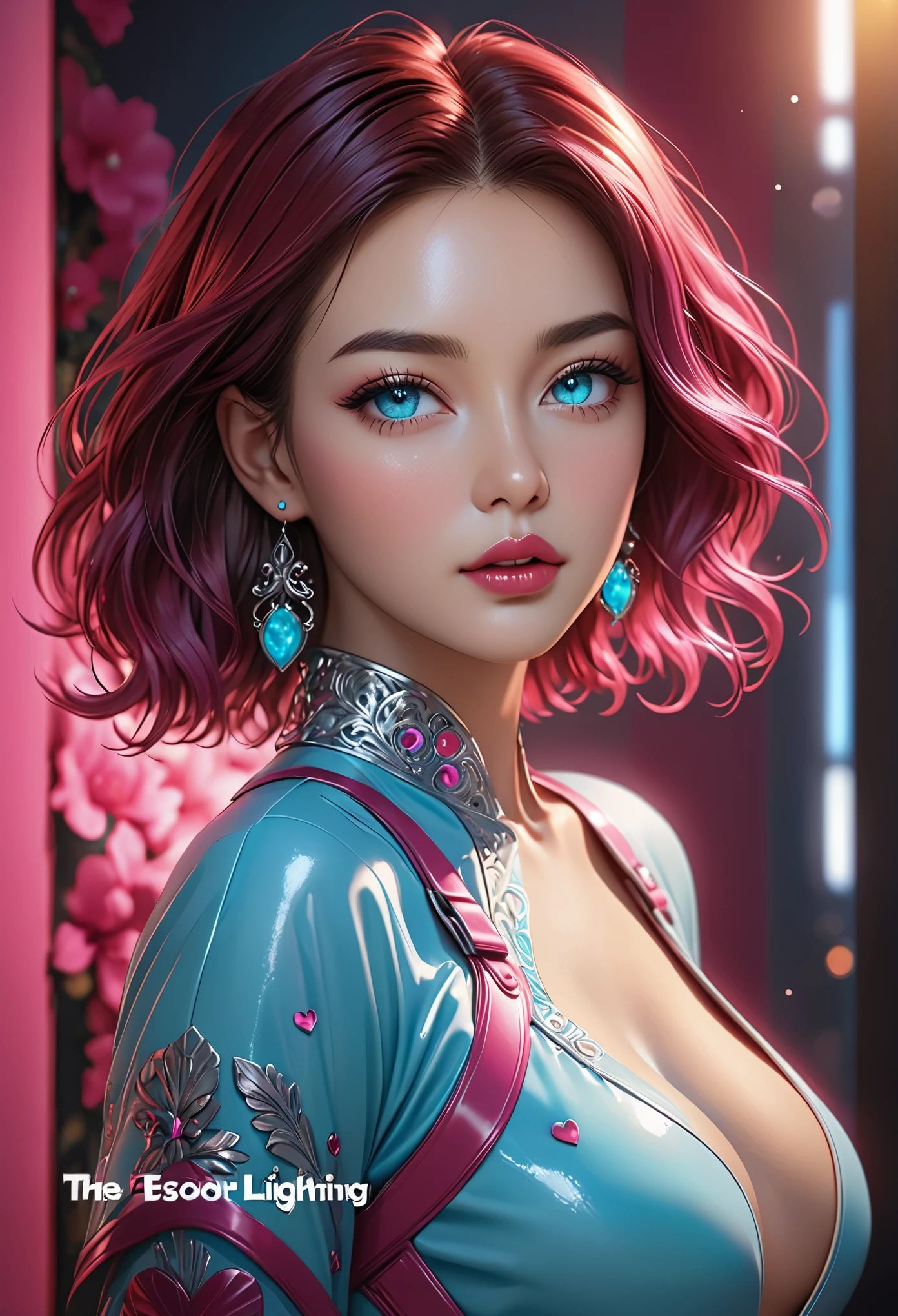 (a high detail RAW color professional full body photo), best quality, masterpiece, hyperrealistic photography, an extremely delicate and beautiful, extremely detailed, ultra-detailed, beautiful detailed girl, extremely detailed eyes and face, beautiful detailed eyes, extremely detailed CG unity 8k wallpaper, amazing, incredibly absurdres, huge filesize, highres, detailed light, cinematic lighting, lens flare, light leaks, sunlight, shine, beautiful detailed glow, organic cyborg, white plastic, diffuse lighting, fantasy, intricate, elegant, highly detailed, lifelike, photorealistic, digital painting, artstation, illustration, concept art, smooth, sharp focus, extremely detailed magazine cover-style digital painting, (magazine cover-style illustration of a fashionable woman in a vibrant outfit), abs, adding a touch of fantasy to the scene, the text on the cover should be bold and attention-grabbing, with the title of the magazine and a catchy headline, the overall style should be modern and trendy, with a focus on fashion and lifelike, helvetica-bold, portrait, A place where time doesn't exist and everything is frozen in a single moment, Maven, Average Height, Athletic, Heart-Shaped Face, Tan Skin, Chestnut Hair, turquoise Eyes, Long Nose, Pouty Lips, Receding Chin, Shoulder-Length Hair, Wavy Hair, Wavy Bob, full breasts, Cuff earrings, fuchsia, sheer lipstick, baroque oil painting, art by gaspar no, (photographed on a Canon 5D Mark IV with Canon 70-200mm lens & 2x teleconverter, 1/800th, f/10, ISO 1600), dark studio, (rim lighting,:1.4) two tone lighting, red hue, octane, unreal, dimly lit, low key, to8contrast style