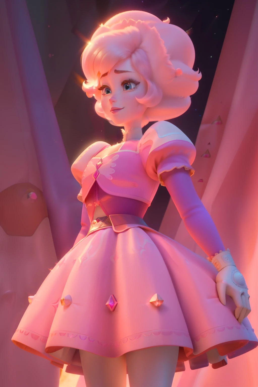 pnkdamond, pink hair, pink eyes,  big hair,  stomach gem,  pink skin,  toned, 
puffy short sleeves, elbow gloves ,  white thighhighs,   puffy dress, 
standing, upper body, 
 outerspace,  
(insanely detailed, beautiful detailed face,beautiful detailed eyes, masterpiece, best quality) cinematic lighting,  smile, 
 