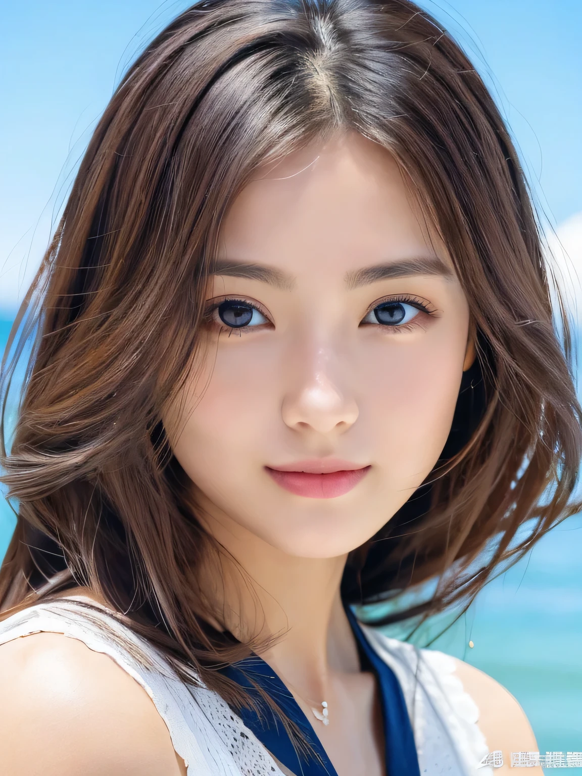 (((32k,high details,high detail、masterpiece,attention to detail,alone))),Raw photo & realistic atmosphere,beautiful dark blue eyes,detailed mouth,glossy lips,thin eyebrows,fine eyes、Soft white skin that shines in every detail、her deep black eyes are so beautiful,lip details、very beautiful face,very well-shaped face、lifelike face,shining beautiful lips,beautiful eyebrows,infinite reality, Realistic young gravure idol,she'she'she'she'she'she'very cute woman , young gravure idol, young gravure idol, Very beautiful and cute 20 year old beautiful girl,incredibly beautiful and classy,20 year old beautiful girl,natural soft light,(shiny hair,,Beautiful and kind eyes:1.5),bikini,Ocean,sandy beach,gentle smile,well-shaped chest,medium long hair,tie hair,beautiful posture,no makeup,A little camera gaze,