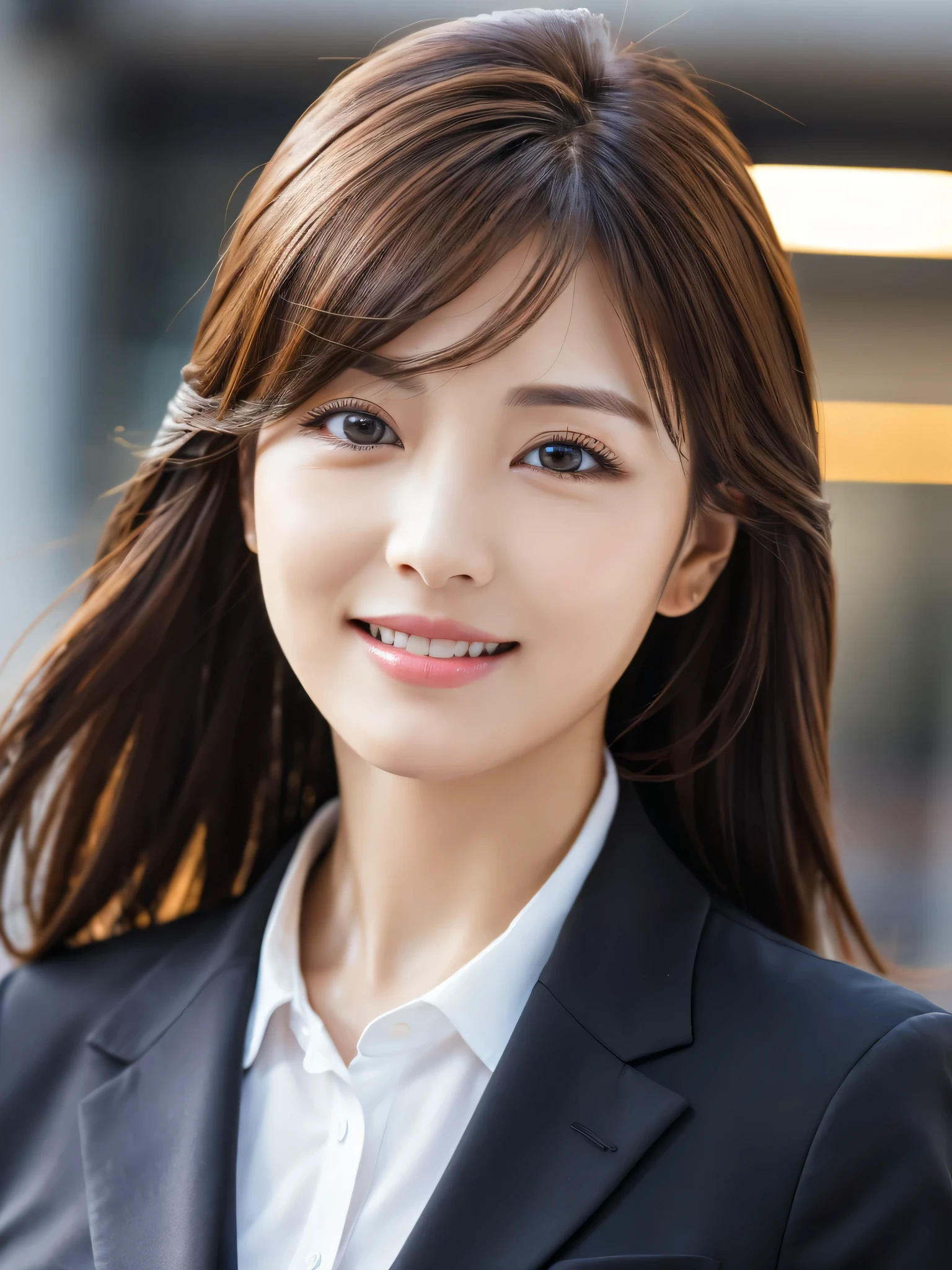 table top、highest quality、genuine、Super detailed、finely、High resolution、8k wallpaper、one beautiful woman、、、light brown disheveled hair、wearing a business suit、sharp focus、perfect dynamic composition、beautiful and detailed eyes、thin hair、Detailed genuine skin texture、smile、close-up portrait、model body shape