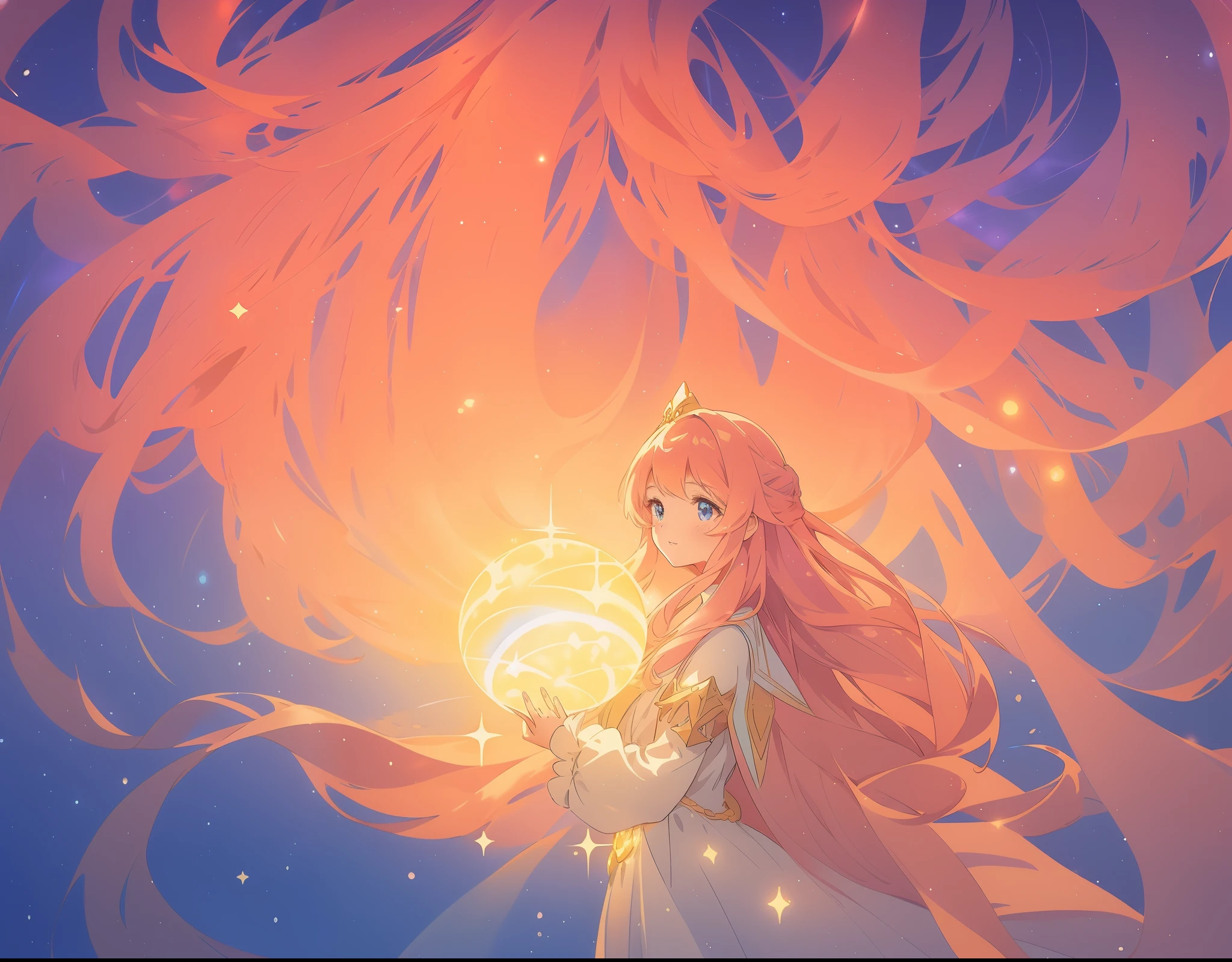 beautiful young girl in a long flowing sleeve dress, long flowing hair, beautiful girl holding a glowing golden ball of light, sparkling blue eyes, colorful fantasia background, watercolor illustration, disney art style, glowing aura around her, glowing lights, beautiful digital illustration, fantasia otherworldly landscape plants flowers, beautiful, masterpiece, best quality, anime disney style