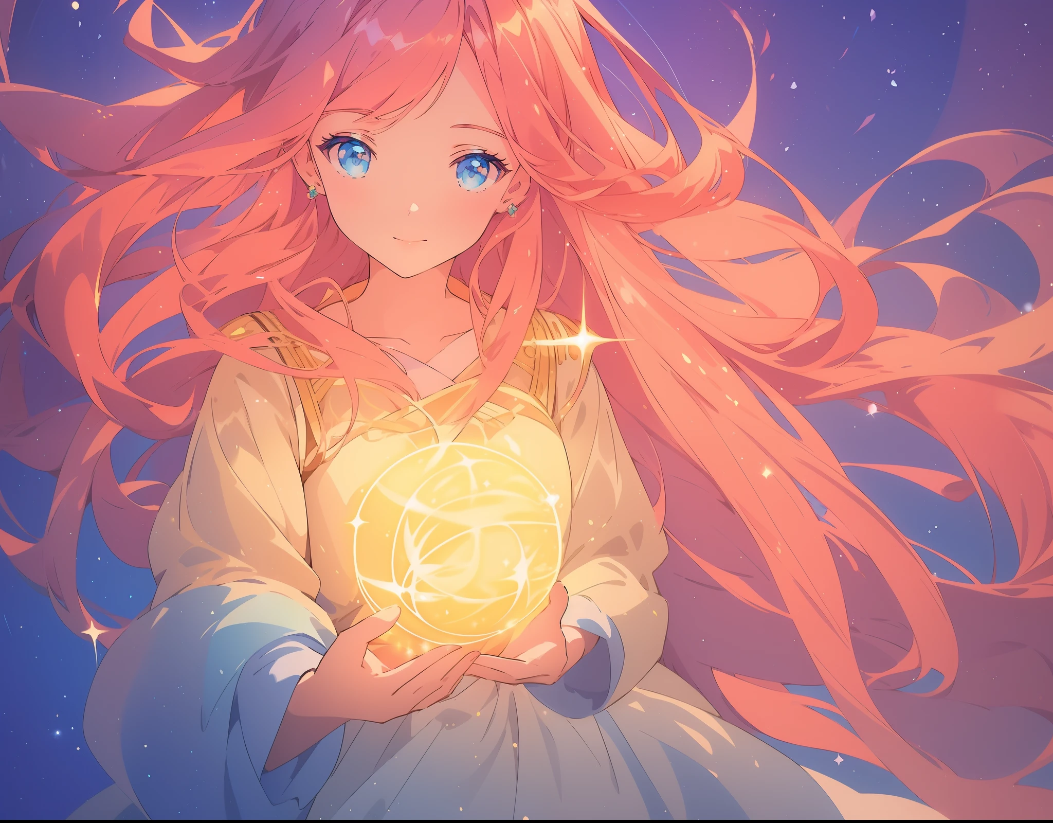 beautiful young girl in a long flowing sleeve dress, long flowing hair, beautiful girl holding a glowing golden ball of light, sparkling blue eyes, colorful fantasia background, watercolor illustration, disney art style, glowing aura around her, glowing lights, beautiful digital illustration, fantasia otherworldly landscape plants flowers, beautiful, masterpiece, best quality, anime disney style