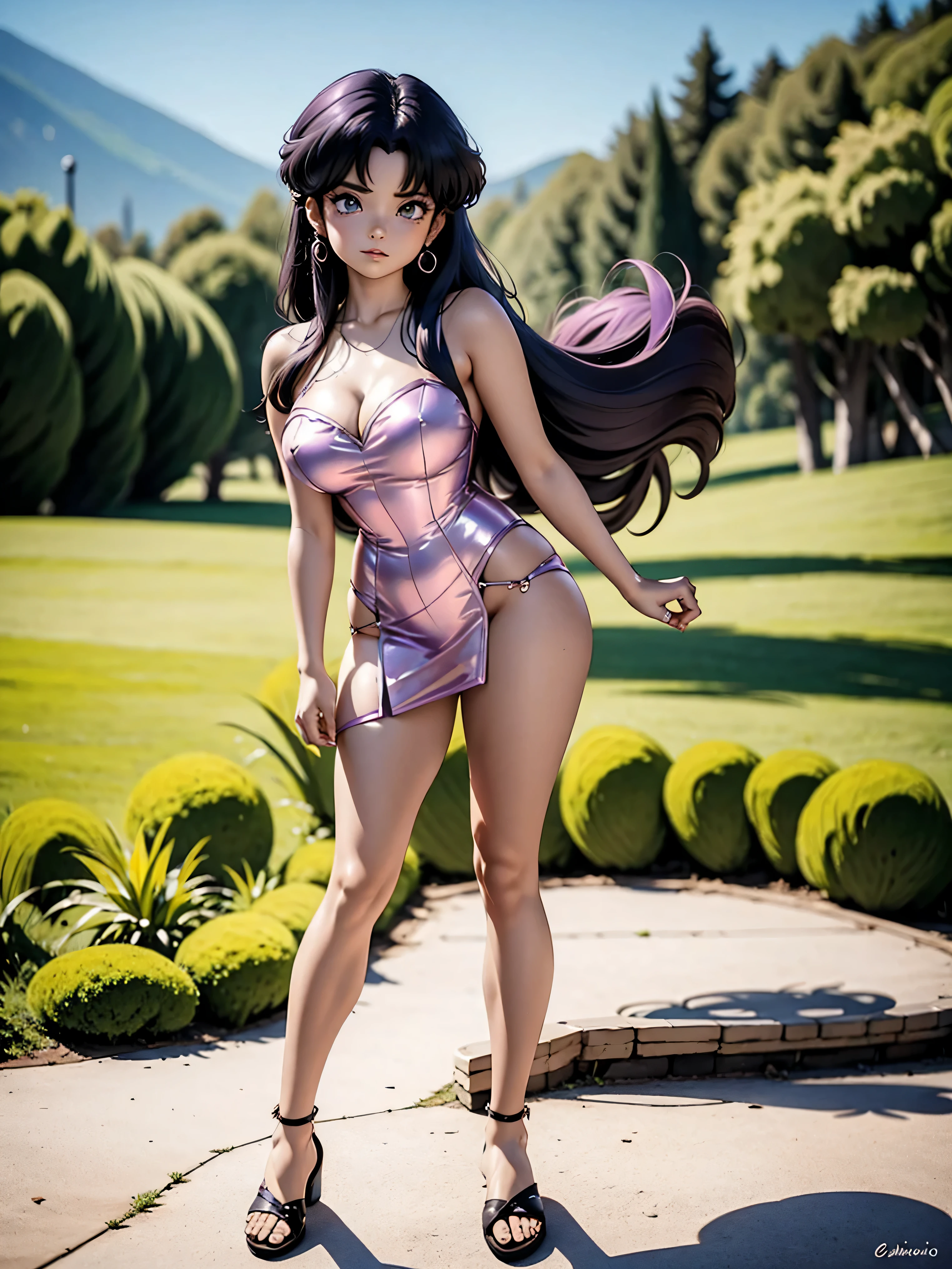 Garota anime de cabelo escuro com saia vestido longo purple meio transparente e espartilho, , corpo bonito, seios grandes, com hand in panties , hand in hair, Garota sexy, purple cabelo, mechas de cabelo laterais, mechas de cabelo na lateral do rosto, beautiful lighting, sombras suaves, olhos azuis, pernas bonitas, cabelo curto, estilo anime, personagem Akane Tendo, Autora Rumiko Takahashi, Baseado em obra de Rumiko Takahashi, Anime Ranma 1/ 2, decote sexy, quadril robusto, corpo inteiro, corpo inteiro, busto grande, garota jovem com corpo belo e bonito, sandals on his feet, garota 16 anos usando saia e corset pink e purple meio transparente, garota anime, estilo anime, beautiful feet in sandals, 45° viewing angle, ao ar livre, peito grande, seios bonitos, cabelo preto, sandals on the feet, pernas bonitas, sexy, belas pernas, Sandalias, seios grandes, corpo completo, corpo inteiro, feet with sandals, anime realista, saia, sarja roxa, personagem realista sexy, straight standing posture, ao ar livre, calcinha pink, hand in panties, saia vestido com 50% de opacidade meio translucida