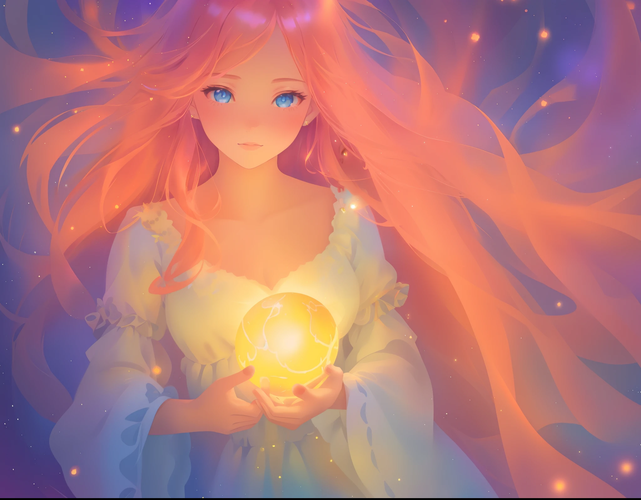 beautiful young girl in a long flowing sleeve dress, long flowing hair, beautiful girl holding a glowing golden ball of light, sparkling blue eyes, colorful fantasia background, watercolor illustration, disney art style, glowing aura around her, glowing lights, beautiful digital illustration, fantasia otherworldly landscape plants flowers, beautiful, masterpiece, best quality, anime disney style