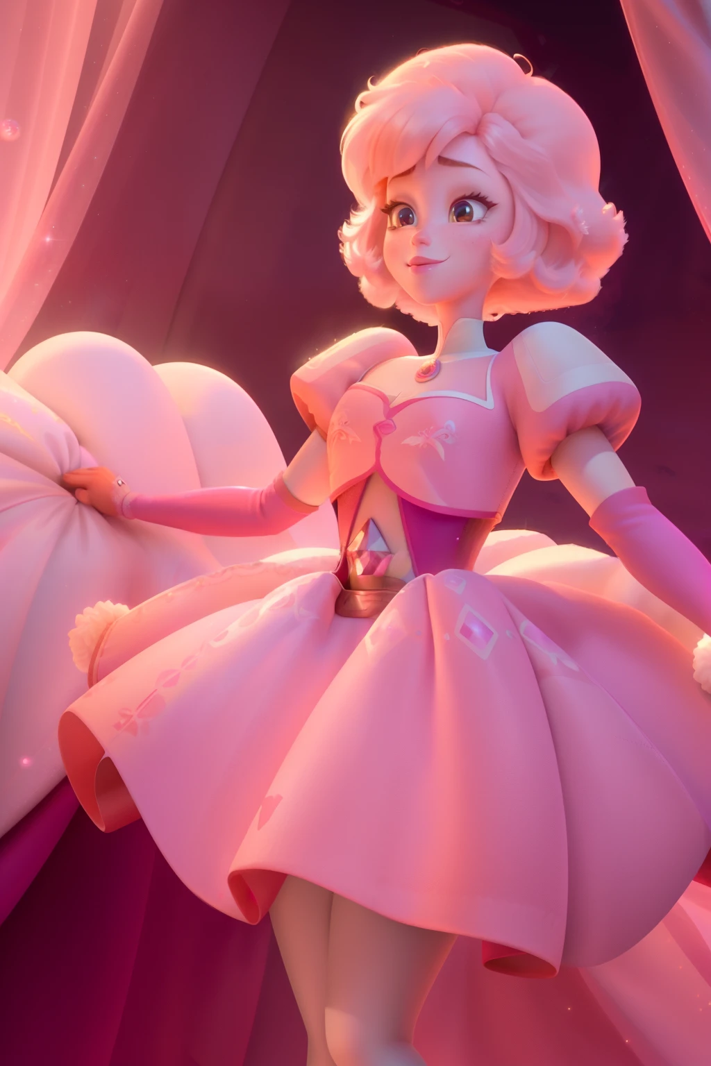 pnkdamond, pink hair, pink eyes, big hair, stomach gem, pink skin, toned,
puffy short sleeves, elbow gloves , white thighhighs, puffy dress,
standing, upper body,
outerspace,
(insanely detailed, beautiful detailed face,beautiful detailed eyes, masterpiece, best quality) cinematic lighting, smile,