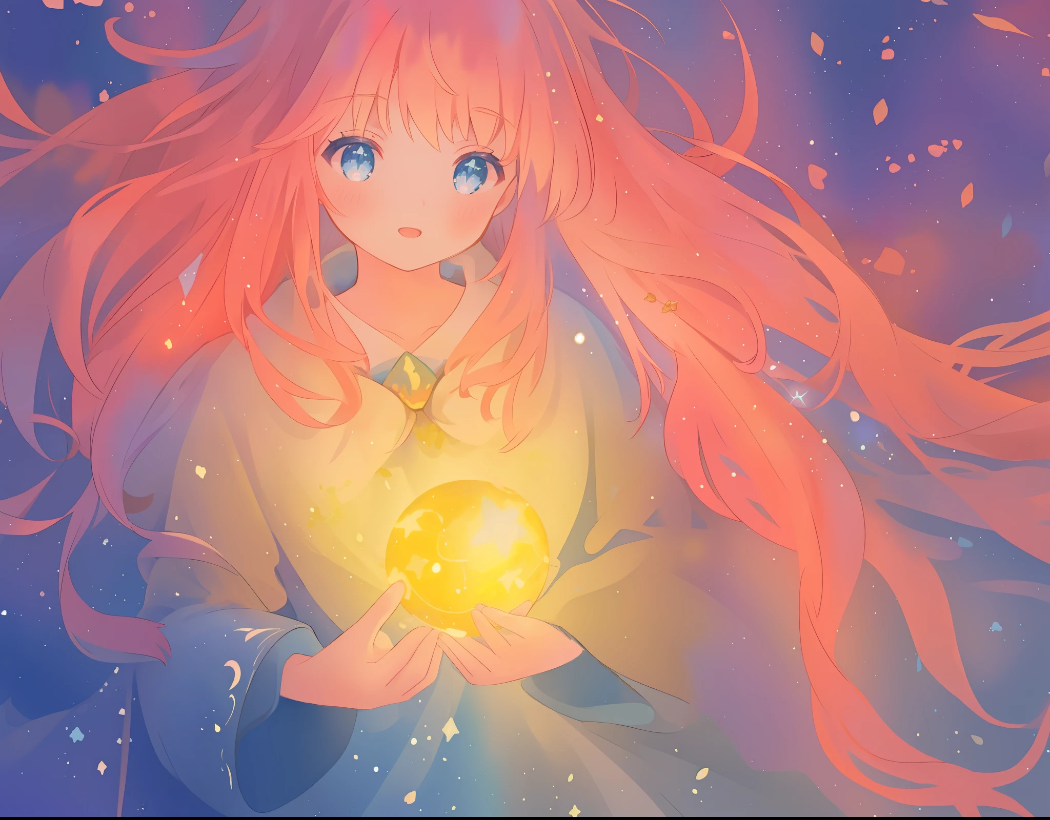 beautiful young girl in a long flowing sleeve dress, long flowing hair, beautiful girl holding a glowing golden ball of light, sparkling blue eyes, colorful fantasia background, watercolor illustration, disney art style, glowing aura around her, glowing lights, beautiful digital illustration, fantasia otherworldly landscape plants flowers, beautiful, masterpiece, best quality, anime disney style