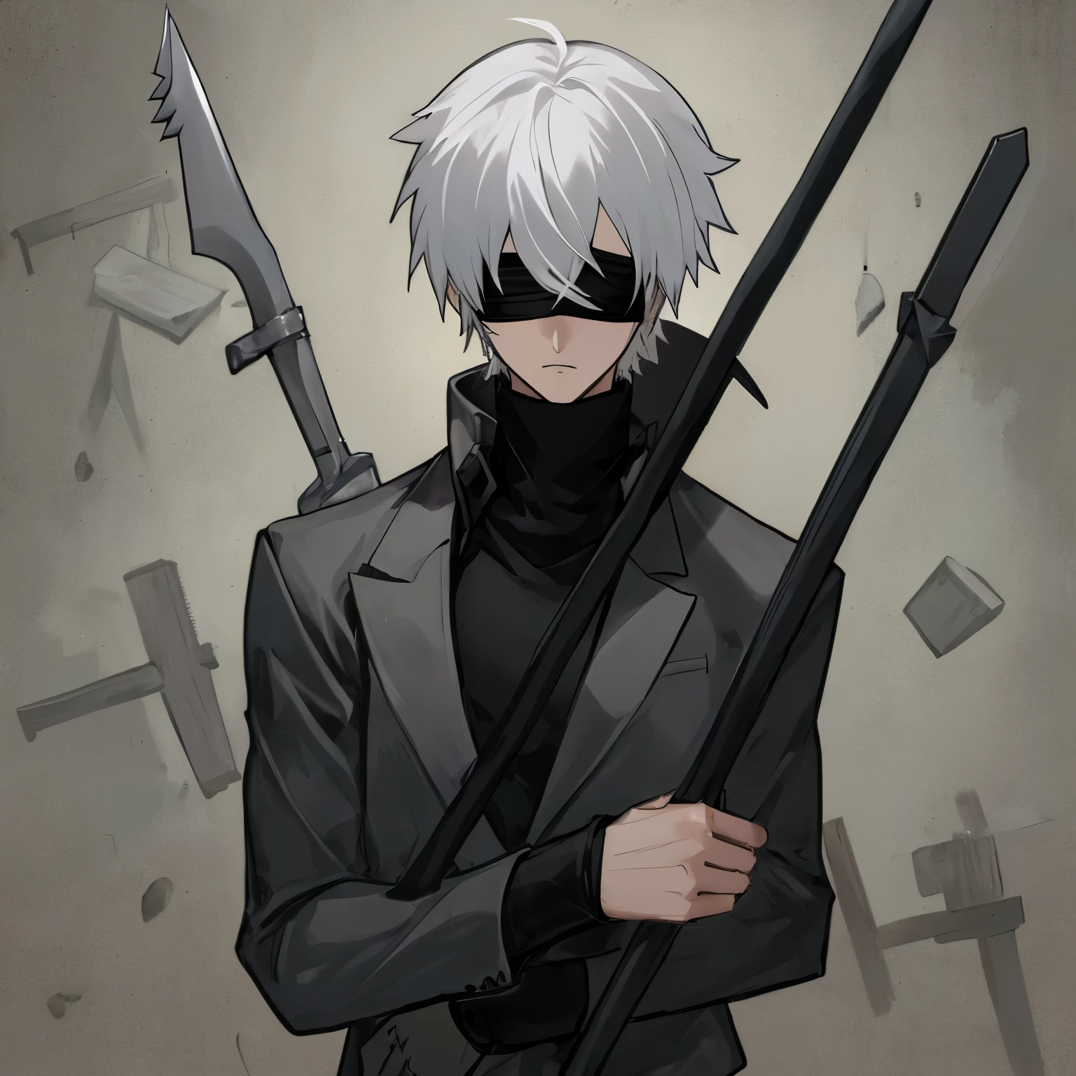 Boy, white hair, black turtleneck, anime style, using blindfold, holding pickaxe