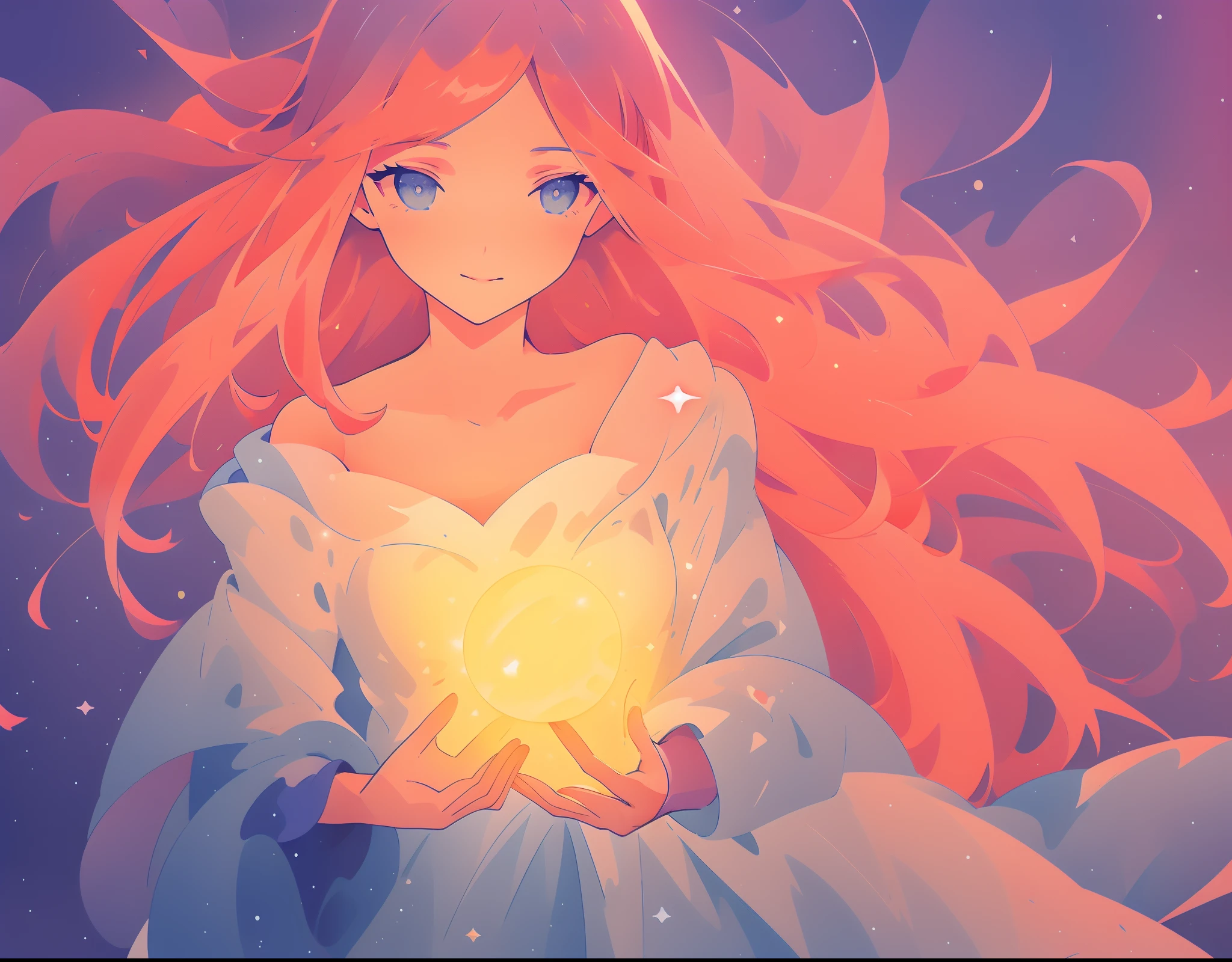 beautiful young girl in a long flowing sleeve dress, long flowing hair, beautiful girl holding a glowing golden ball of light, sparkling blue eyes, colorful fantasia background, watercolor illustration, disney art style, glowing aura around her, glowing lights, beautiful digital illustration, fantasia otherworldly landscape plants flowers, beautiful, masterpiece, best quality, anime disney style
