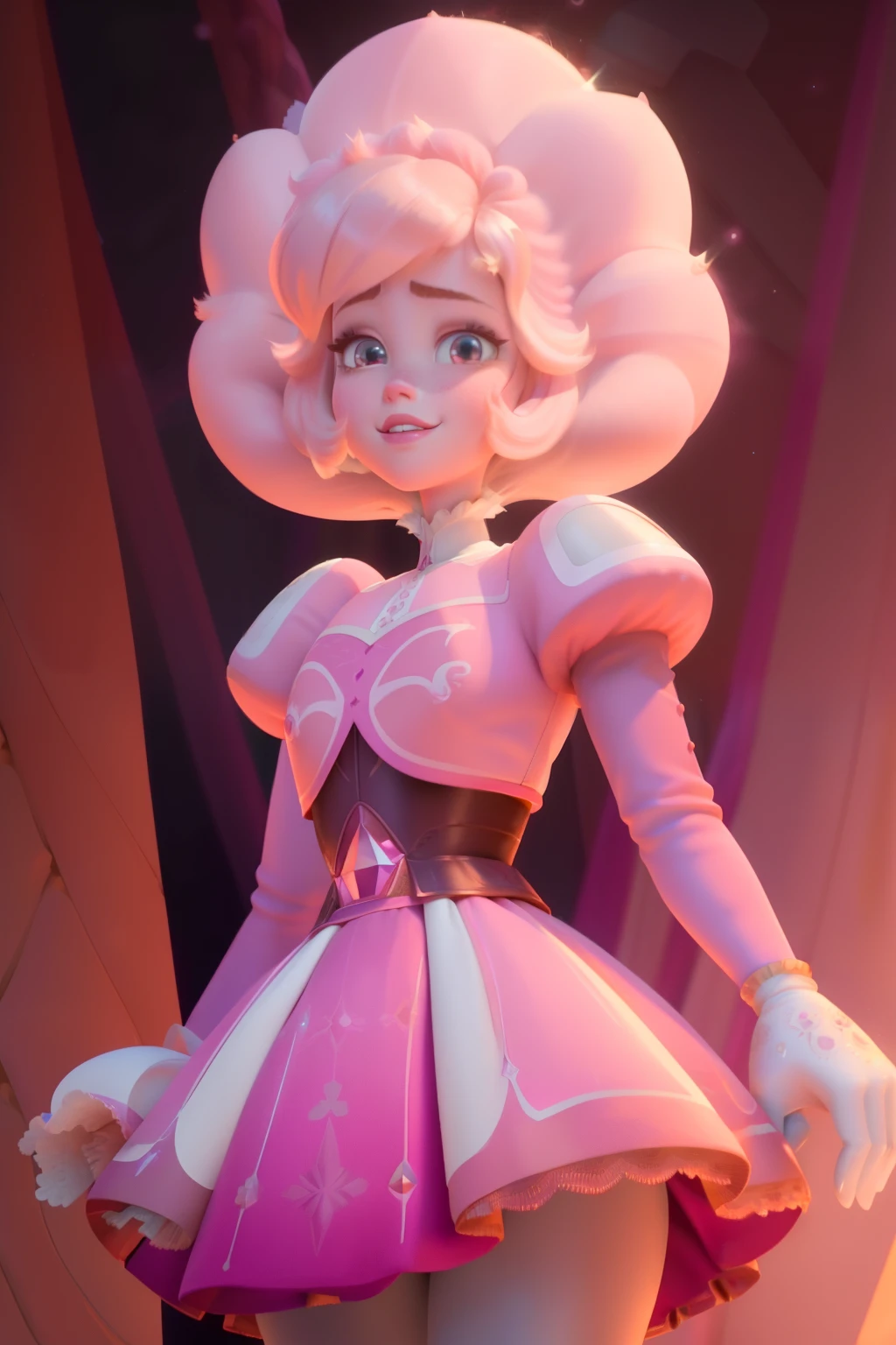 pnkdamond, pink hair, pink eyes,  big hair,  stomach gem,  pink skin,  toned, 
puffy short sleeves, elbow gloves ,  white thighhighs,   puffy dress, 
standing, upper body, 
 outerspace,  
(insanely detailed, beautiful detailed face,beautiful detailed eyes, masterpiece, best quality) cinematic lighting,  smile, 
 