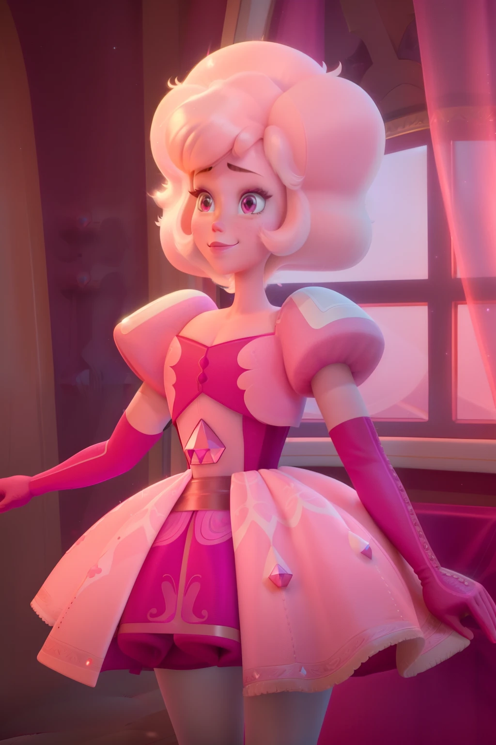 pnkdamond, pink hair, pink eyes,  big hair,  stomach gem,  pink skin,  toned, 
puffy short sleeves, elbow gloves ,  white thighhighs,   puffy dress, 
standing, upper body, 
 outerspace,  
(insanely detailed, beautiful detailed face,beautiful detailed eyes, masterpiece, best quality) cinematic lighting,  smile, 
 