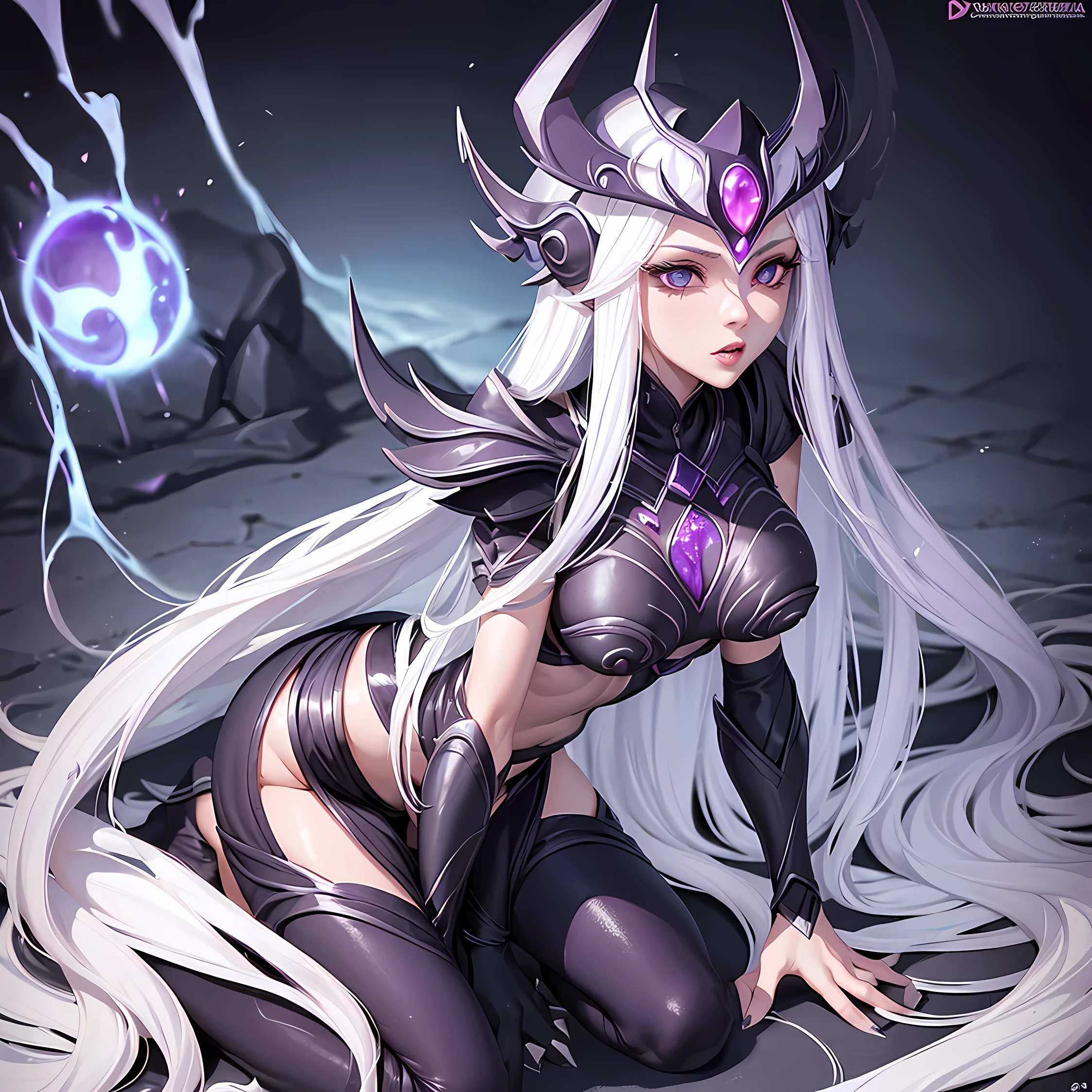 ((Syndra, League of Legends)), Olhos roxos, cabelo longo branco, corpo inteiro, (corpo magro, medium breasts, bunda grande), (((Puppy position, vagina exposta, creme))).