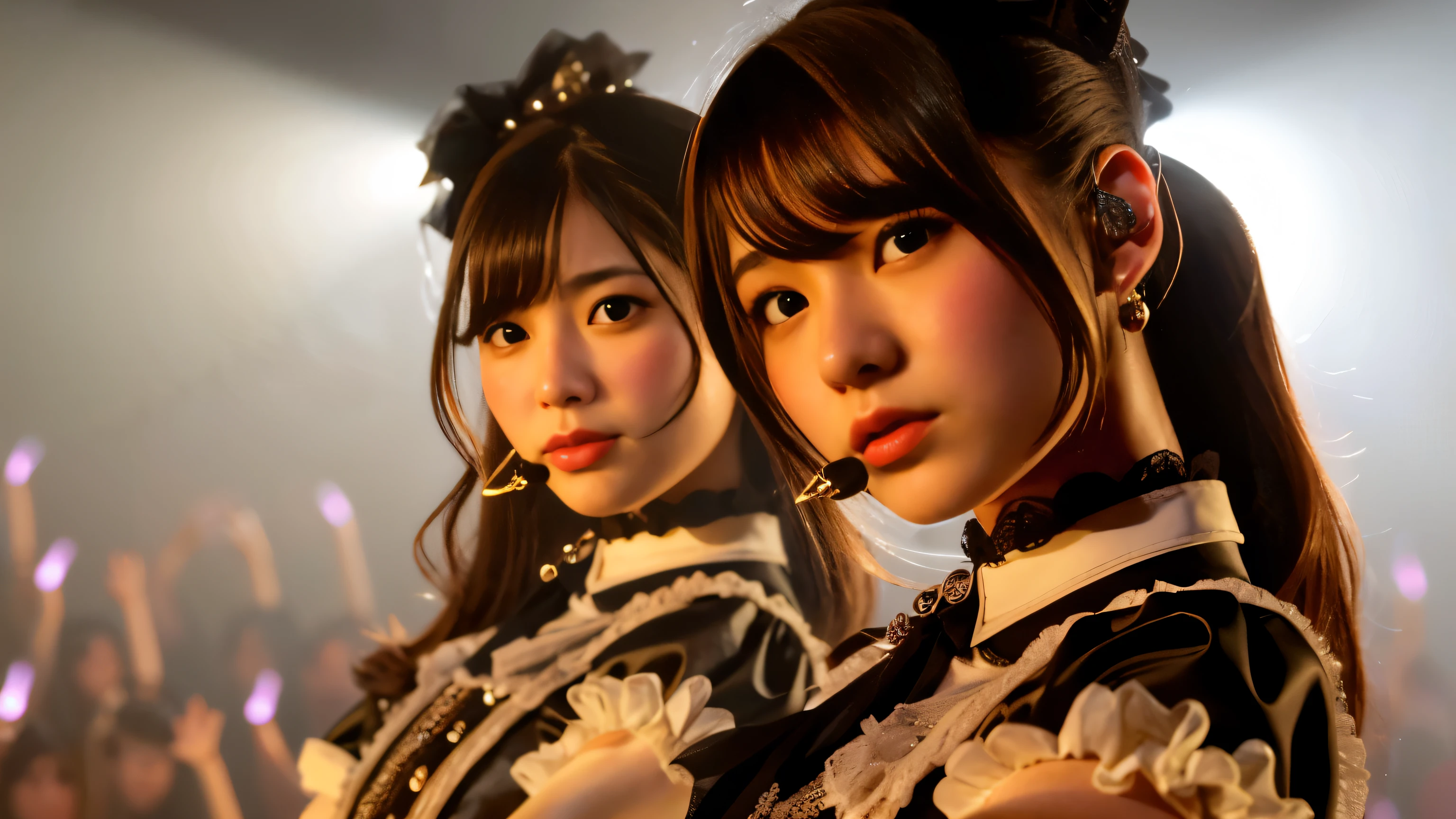 two asian women in maid uniforms are posing for a picture, japanese maid cafe, 4 k ], 4k], ayami kojima and lyde caldwell, nixeu and sakimichan, official artwork, wlop and sakimichan, , pop japonisme 3 d ultra detailed, idol, 8k!, 8k portrait render