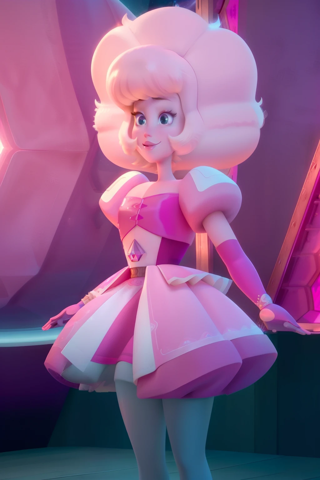 pnkdamond, pink hair, pink eyes, big hair, stomach gem, pink skin, toned,
puffy short sleeves, elbow gloves , white thighhighs, puffy dress,
standing, upper body,
outerspace,
(insanely detailed, beautiful detailed face,beautiful detailed eyes, masterpiece, best quality) cinematic lighting, smile,