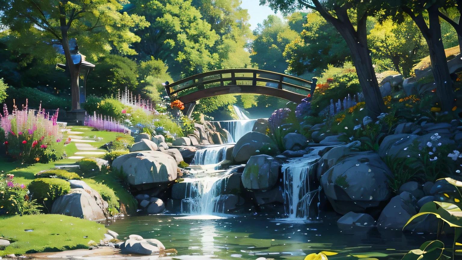 A breathtaking image of&#39;un vibrant, jardin coloré avec un saule doux et une cascade en cascade. Le jardin regorge de fleurs et de plantes diverses, avec un chemin menant à un petit pont. L&#39;general atmosphere is serene and picturesque, invoking a sense of peace and tranquility.