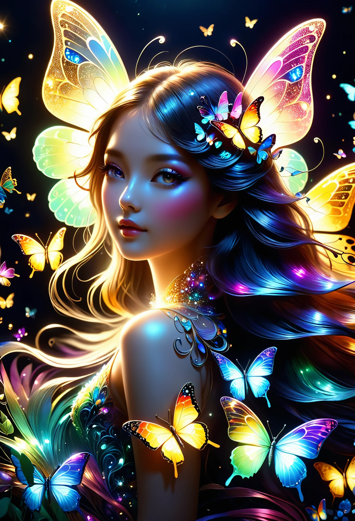 暗闇の中を羽ばたくButterfly々shine、Beautiful as a dream、touched my heart.,Butterfly々:iridescent:seven colors:glow:shine,dark background,flash,とてもflash,masterpiece,最高masterpiece,Best Essay,beautiful scenery,fantastic,優しくshineButterfly々,politely,rendering,Unreal Engine,Elements of Zentalg,intricate details,politely描く,Carefully,light particles:闪闪glow的鳞片,Butterflyの羽ばたきの軌跡がshine,colorful,rich and colorful,anatomically correct,beautiful light and shadow,mystery,fantasy,fantasy,The art of math