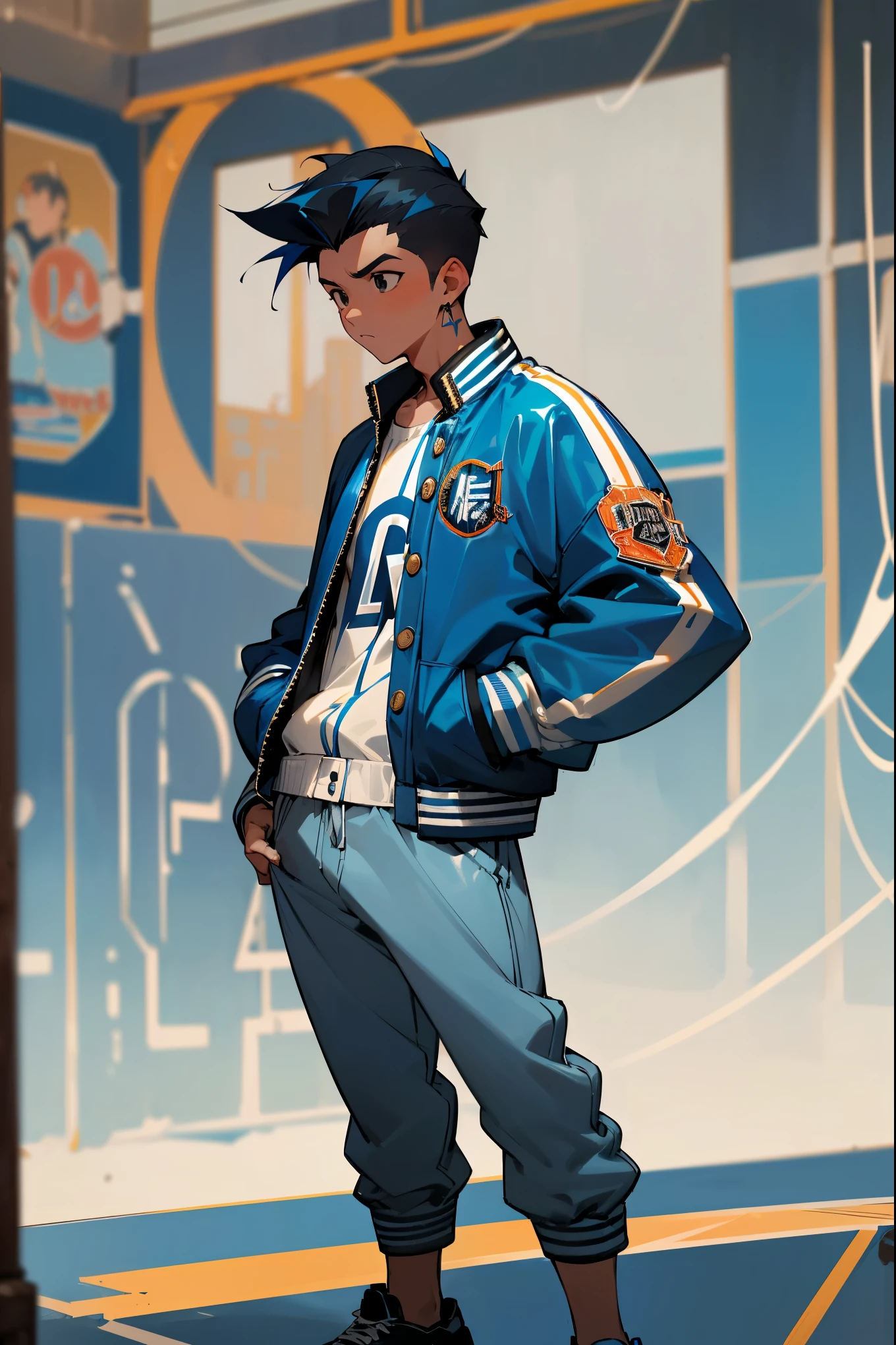 1male, tan, oumbre hair, ((two toned hair)), mondern undercut hair, blue and black hair, (blue hair), (((black hair))), black eyes , Black Letters on Jersey, basketball court, detailed background, ((white and baby blue clothing)), (light blue accented clothing), pants, (((letterman jacket))), hands in pockets, serious expression