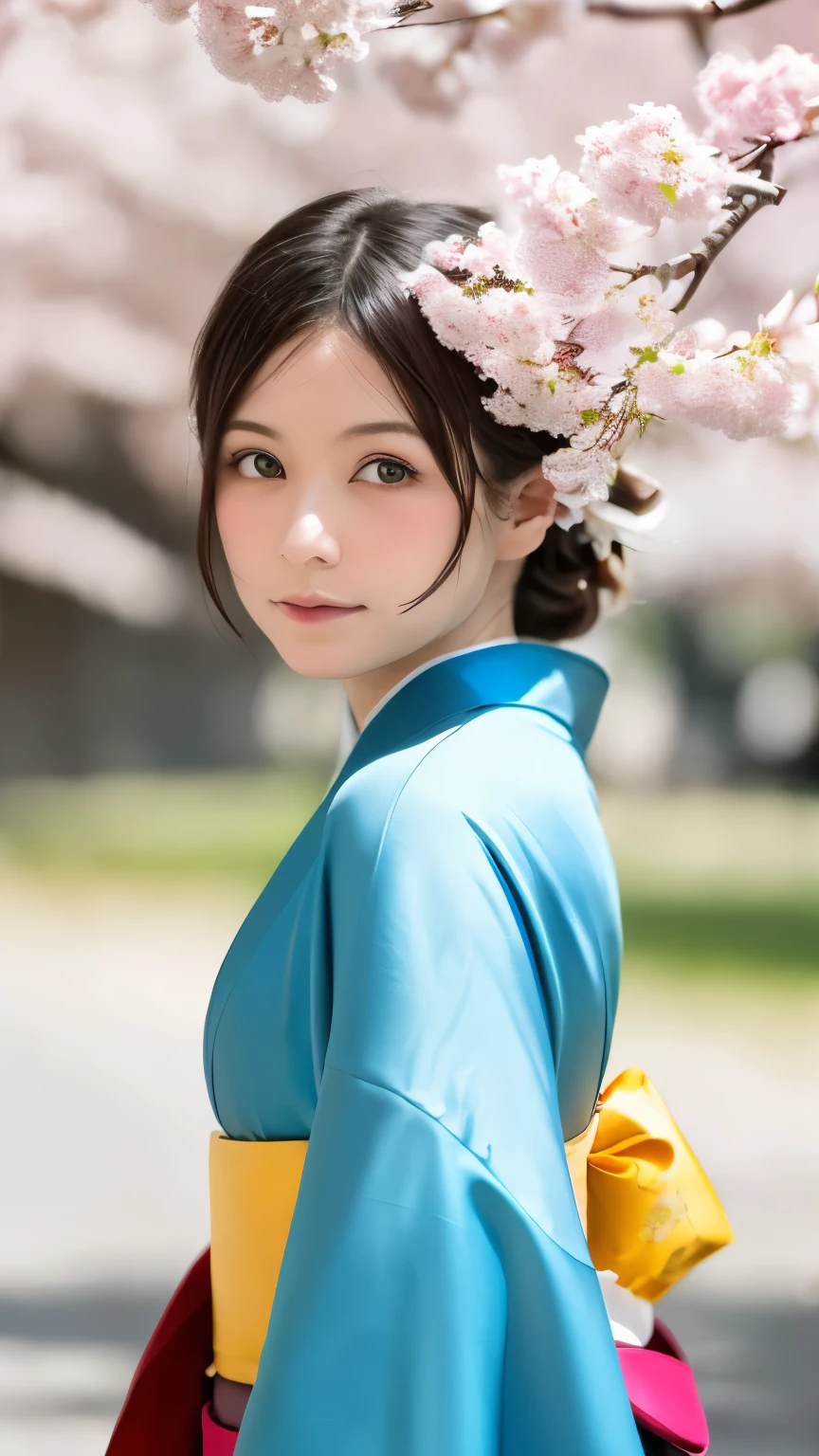 (kimono)、Japanese clothing、(highest quality,masterpiece:1.3,超A high resolution,),(Super detailed,caustics),(Photoreal:1.4,RAW shooting,)ultra-realistic capture,very detailed,High resolution 16K suitable for human skin、 natural skin texture、、Skin tone looks even and healthy、 Use natural light and color,one woman,Japanese,,cute,beautiful silky brown hair,middle hair,(Depth of written boundary、chromatic aberration、wide lighting range、natural shading、)、(hair swaying in the wind:1.3)、(Cherry tree in full bloom:1.shino cherry tree、The beautiful city of Kyoto