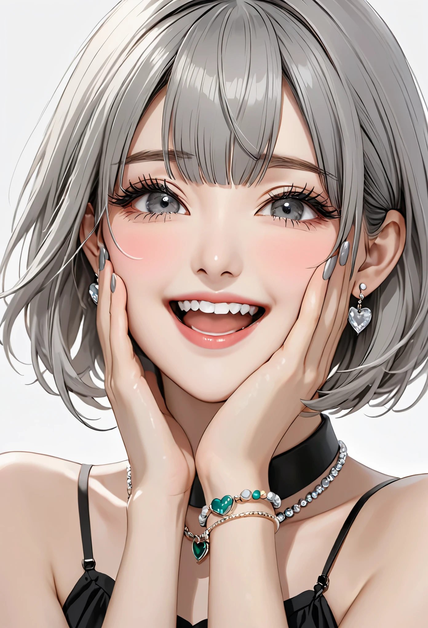 pirion, alone, 1 girl, 黑色nail, jewelry, short hair, looking at the audience, collar, necklace, Put your hands on your face, punching, White background, Heart, Keep your mouth shut, gray eyes, nail油, Simple background, gray hair, ear punching, black collar, Smile, eyelash, lips, Put your hands on your cheeks, Bangs, bracelet, bead, gem, earrings, nail