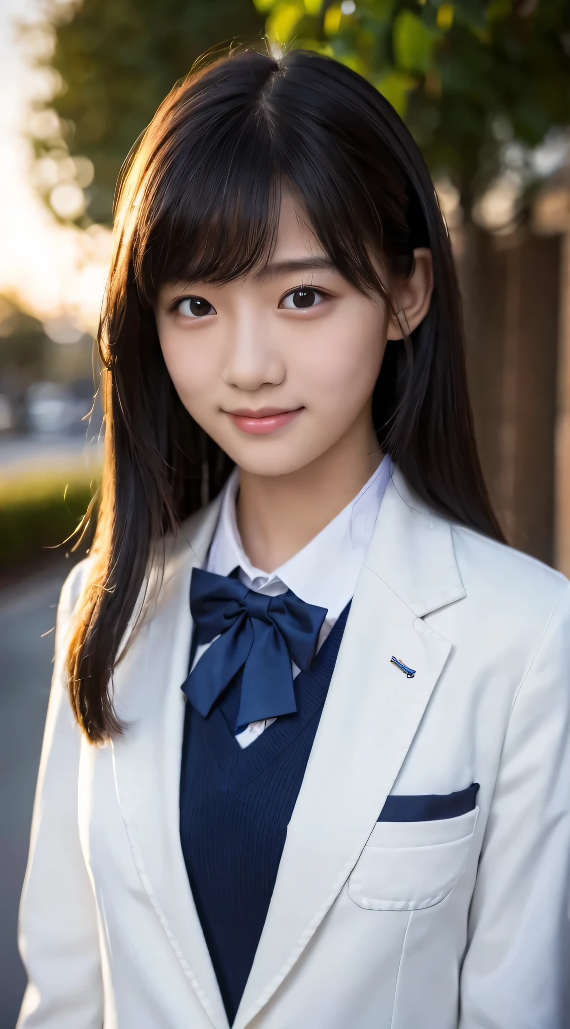 (highest quality,8K quality,masterpiece:1.3),(ultra high resolution,photorealistic:1.4,Live shooting),(Super detailed,caustics,detailed background),(ultra-realistic capture,Beautifully detailed skin,perfect anatomy),at dusk,Sunset sky,school building,schoolyard,18-year-old,cute,single eyelid,black long hair,School Blazer Uniform,Looking at the camera,A sloppy smile,bust up shot,Natural light