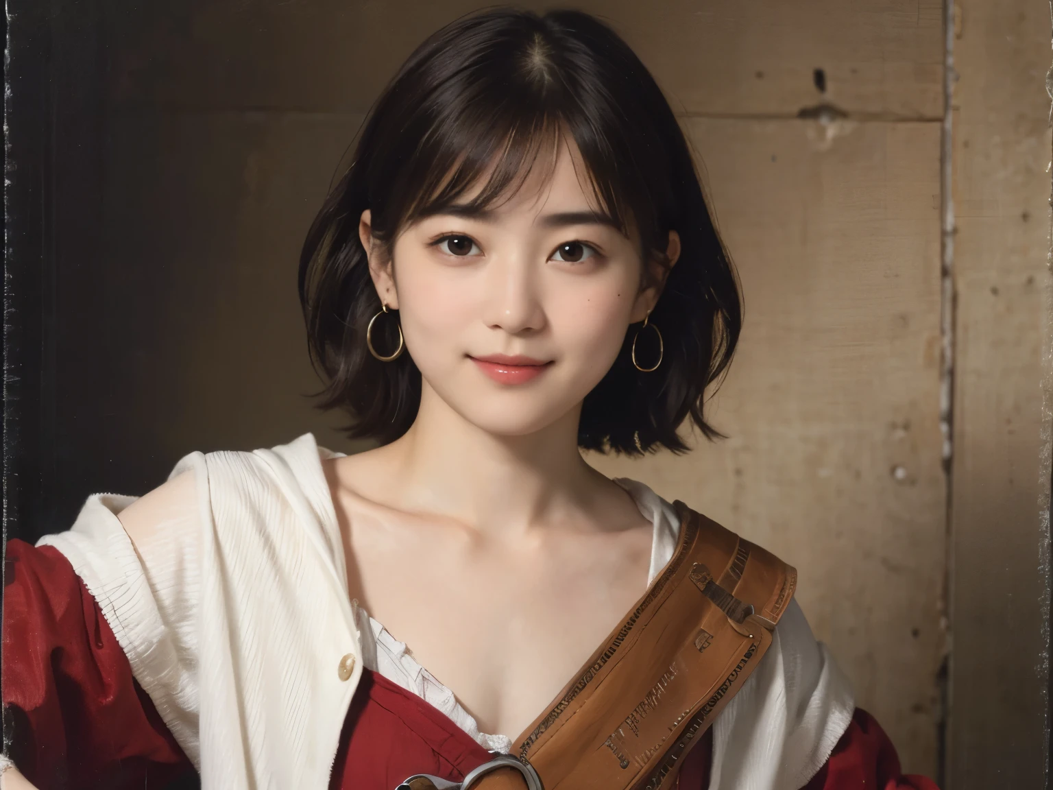 185 short hair, 20 year old female, gentle smile, (rembrandt style painting), (chest:1.46), long skirt