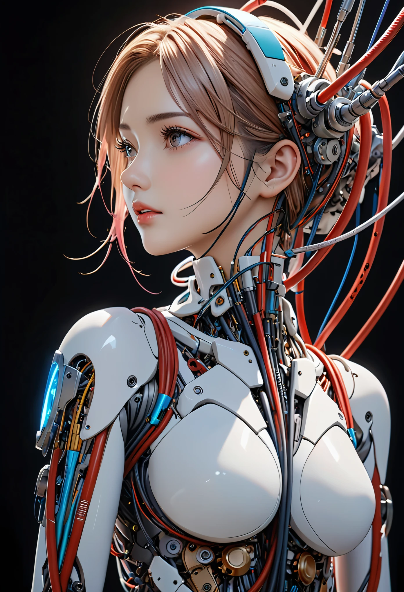 (masterpiece, top quality, best quality, official art, beautiful and aesthetic:1.2), (1girl:1.3), extreme detailed,colorful,highest detailed ((ultra-detailed)), (highly detailed CG illustration), ((an extremely delicate and beautiful)),(from side),cinematic light,((1mechanical girl)),solo,full body,(machine made joints:1.2),((machanical limbs)),(blood vessels connected to tubes),(mechanical vertebra attaching to back),((mechanical cervial attaching to neck)),(sitting),expressionless,(wires and cables attaching to neck:1.2),(wires and cables on head:1.2)(character focus),science fiction,white background,(blood:1.5)