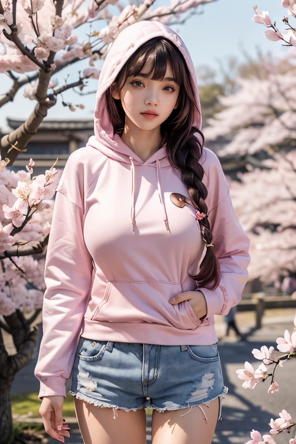 Zaid G, 1 girl, fine skin, looking at the viewer, brown eyes, (long hair with bangs、braided hair:1.2), (big breasts:1.6), (golden ratio face:1.2)、(realistic:1.4), (highest quality:1.0), (ultra high resolution:1.0), 8K, Raw photo, (masterpiece:0.2), arafed woman in a pink hoodie standing in front of a tree, wearing a pastel pink hoodie, wearing a pink hoodie, girl wearing hoodie, light pink, wearing a hoodie and flowers, wearing hoodie, green々cherry blossoms, black haired girl wearing hoodie, wearing an oversized hoodie, hoodie, wearing a hoodie, sakura bloomimg, japanese girl, sakura season, pastel pink、(Wearing a hood:1.4)、(jean shorts:1.5)、(background full of cherry blossoms:1.5)、