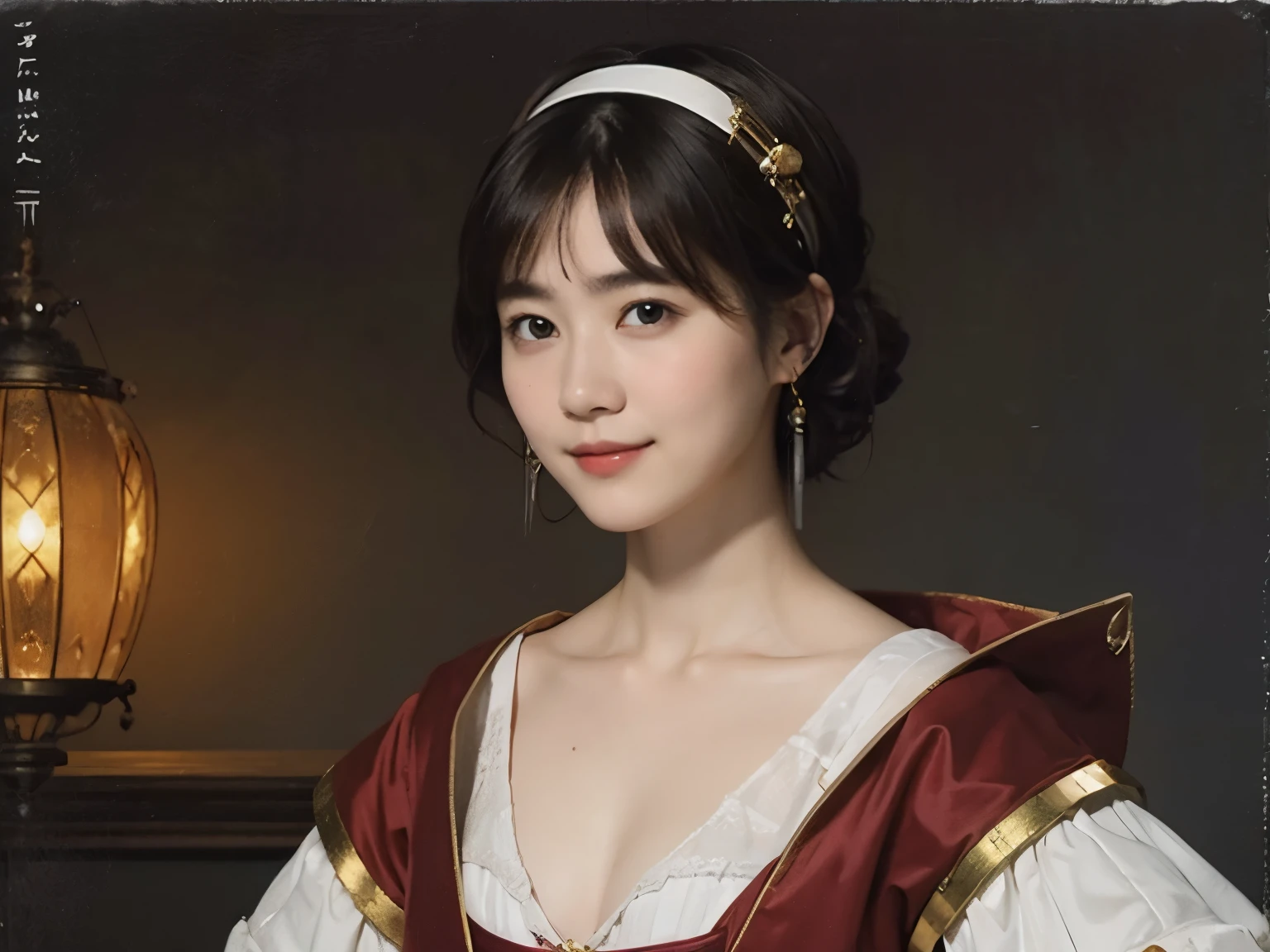 185 short hair, 20 year old female, gentle smile, (rembrandt style painting), (chest:1.46), long skirt