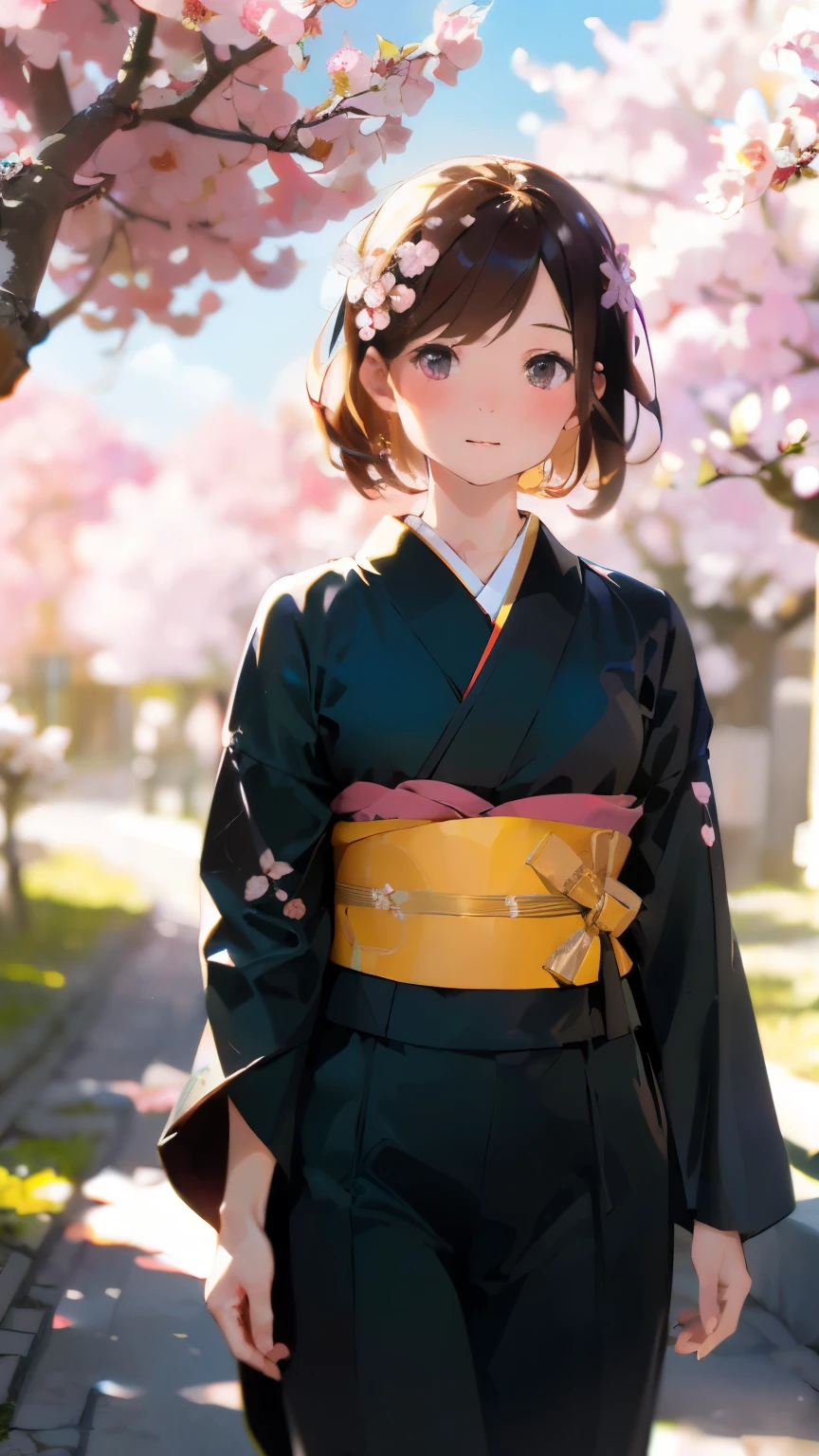 (kimono)、Japanese clothing、(highest quality,masterpiece:1.3,超A high resolution,),(Super detailed,caustics),(Photoreal:1.4,RAW shooting,)ultra-realistic capture,very detailed,High resolution 16K suitable for human skin、 natural skin texture、、Skin tone looks even and healthy、 Use natural light and color,one woman,Japanese,,cute,beautiful silky brown hair,middle hair,(Depth of written boundary、chromatic aberration、wide lighting range、natural shading、)、(hair swaying in the wind:1.3)、(Cherry tree in full bloom:1.3)、Yoshino cherry tree、The beautiful city of Kyoto