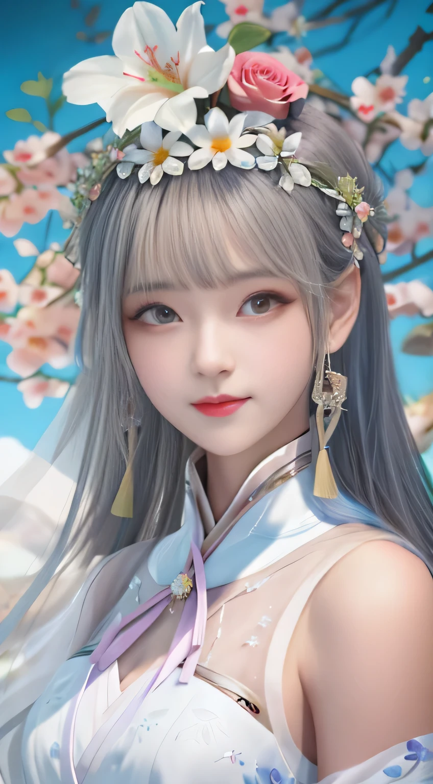 flowers on hair、anime girl in white skirt, Gurwitz-style artwork, Gurwitz, Inspired by Lan Ying, Guweiz in Pixiv ArtStation, 8k high quality detailed art, guweiz on artstation pixiv, palace ， girl wearing hanfu, Popular topics on cgstation, most models | Art sprouts