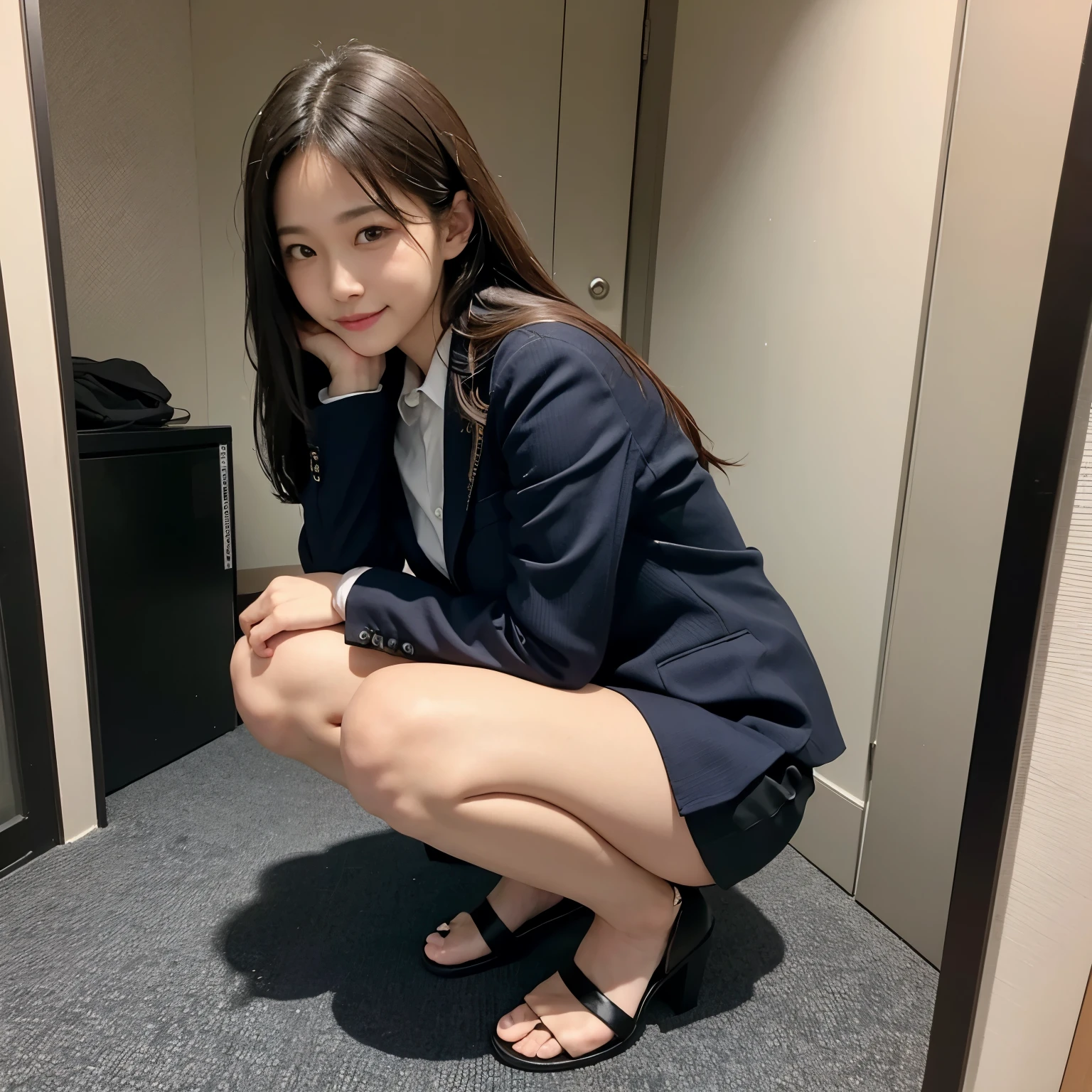 Tokyo、office、OL、Japanese、long hair、suit、Tight Skirt、squat、smile、 Devil、tall、slender