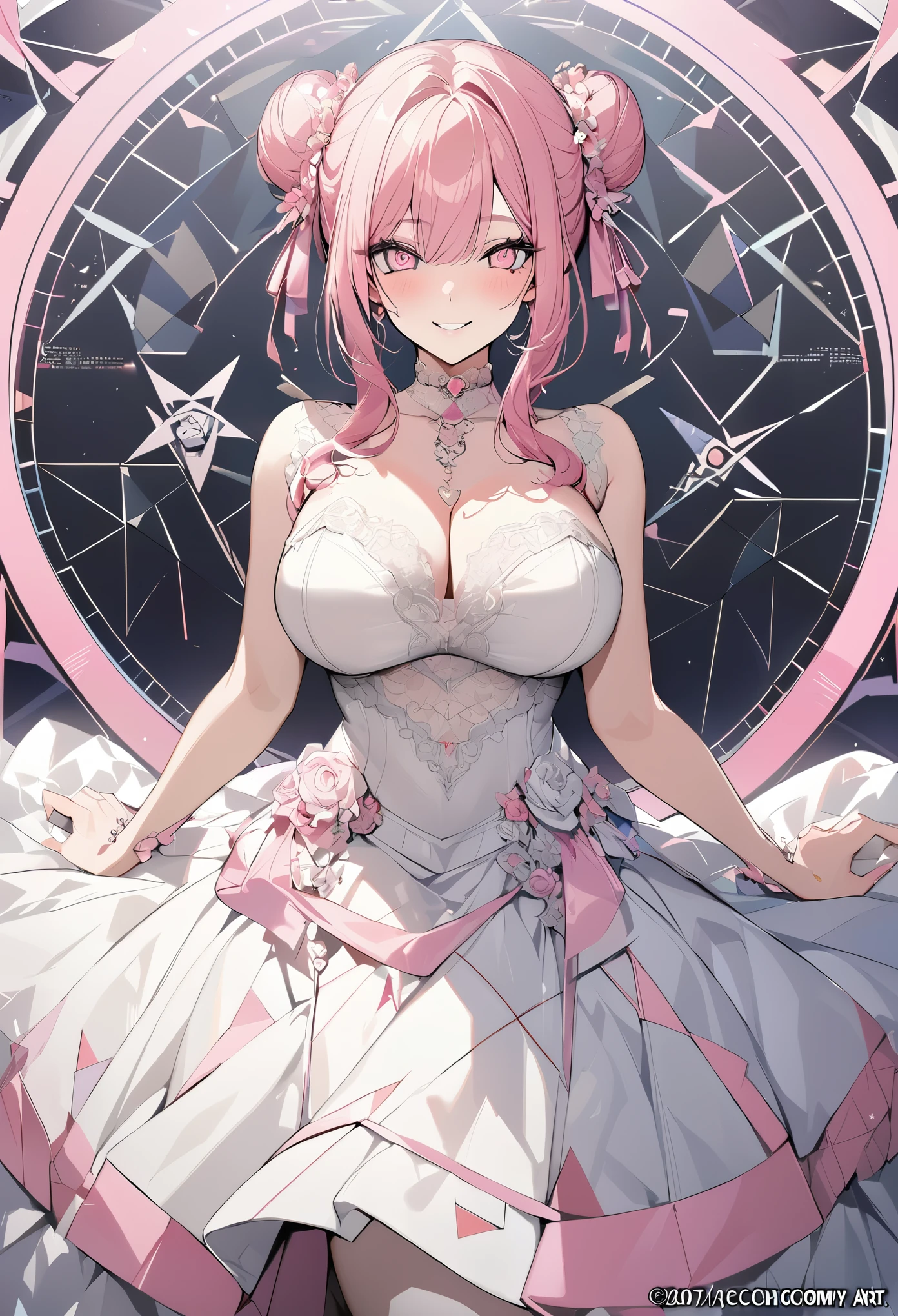 1 girl, pink long bun hair, heart shaped eyes, ♡, big breasts, Wedding dress, {girl with pink long bun hair named Nami}, (Pink eye color), {downtown}, (smile), bright background , mole under eye, heart shaped choker, (masterpiece, highest quality), very detailed, highest quality, official art, beautiful and aesthetic: 1.2), (1 girl), very detailed, (geometry art: 1.3), colorful, most detailed ?d1 girl, pink long bun hair, Eye of the symbol, +__+, big breasts, gothic costume, {A girl with long pink bun hair named Nami}, (Pink eye color), {downtown}, (smile), bright background, (garden,beautiful flower々),mole under eye, heart shaped choker, (masterpiece, highest quality), official art, beautiful and aesthetic: 1.2), (1 girl), very detailed, (geometry art: 1.3), colorful