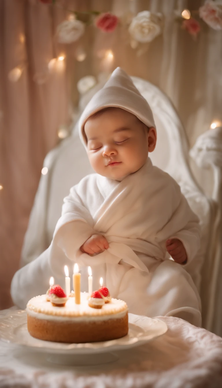 arafed baby in a white robe sleeping next to a cake, a pastel by Nil Gleyen, tumblr, neo-dada, cute:2, sweet and innocent, eva, cute and lovely, cutest, cute boy, cute, boy, very cute and childlike, -n 2, adorable, cute photo, happy!!!, jaeyeon nam