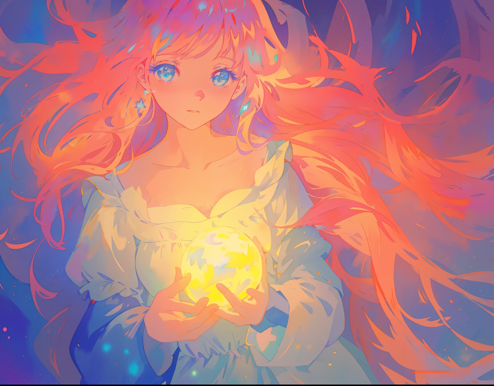 watercolor illustration, beautiful young girl in a long flowing sleeve dress, simple medieval style dress, long flowing hair, beautiful girl holding a glowing ball of light, sparkling blue eyes, colorful fantasia background, watercolor illustration, disney art style, glowing aura around her, glowing lights, beautiful digital illustration, beautiful, masterpiece, best quality, anime disney style
