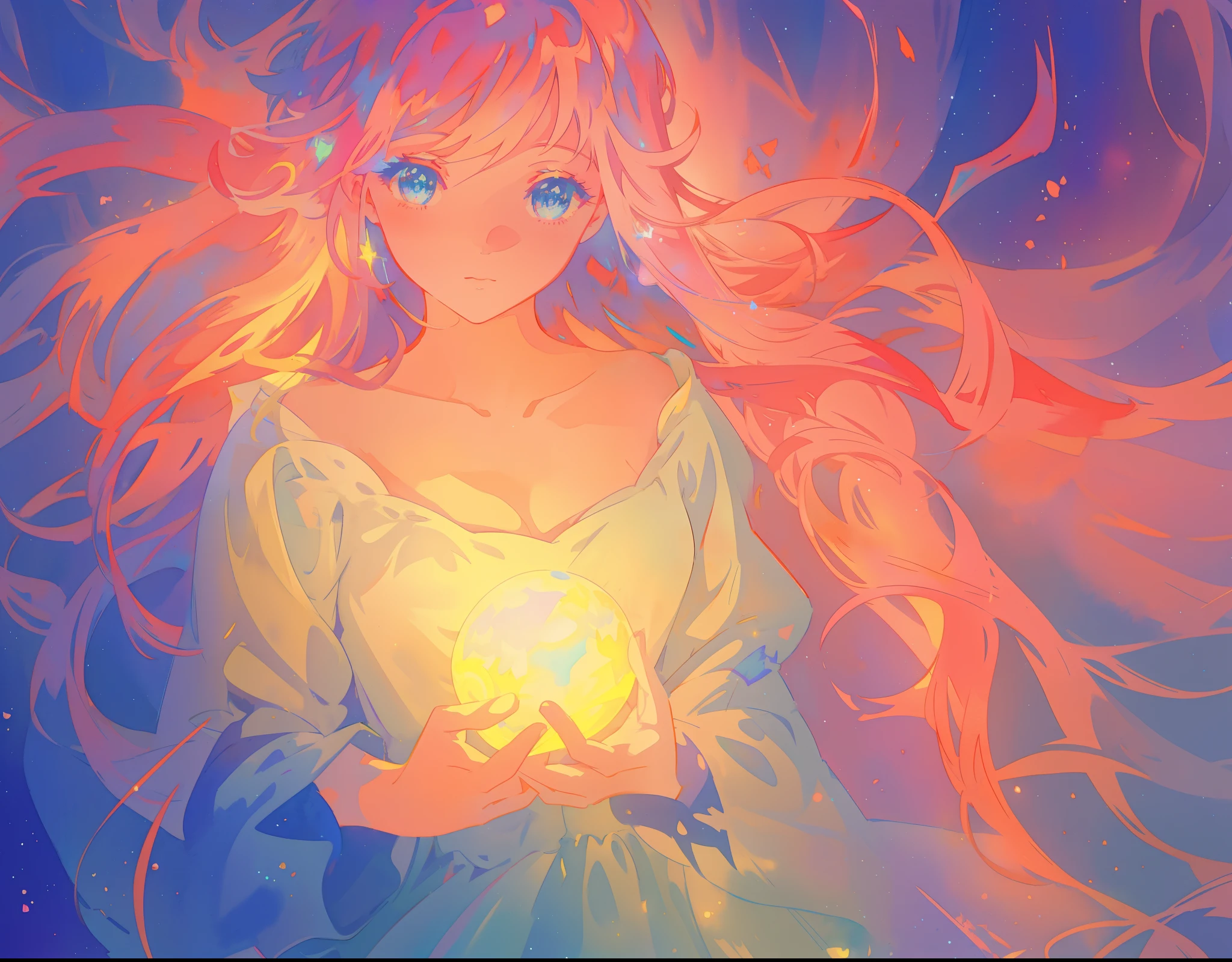 watercolor illustration, beautiful young girl in a long flowing sleeve dress, simple medieval style dress, long flowing hair, beautiful girl holding a glowing ball of light, sparkling blue eyes, colorful fantasia background, watercolor illustration, disney art style, glowing aura around her, glowing lights, beautiful digital illustration, beautiful, masterpiece, best quality, anime disney style
