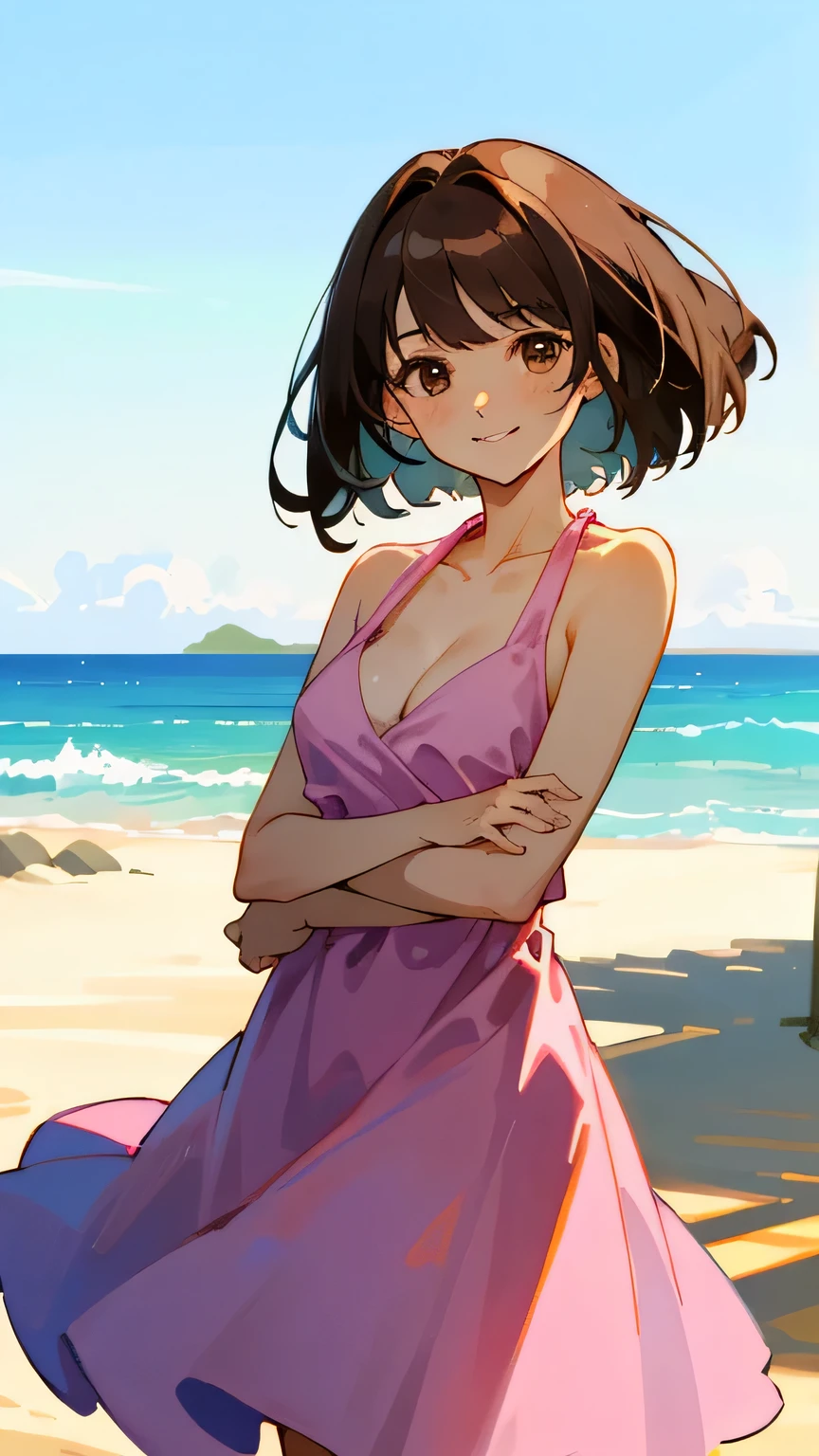 Brown haired young woman, mature, beautiful, soft smile, bob hair, brown eyes, slim, small to medium breasts, smiling, pink sleeveless summer dress, cleavage, beach, blue sky, dynamic lighting.