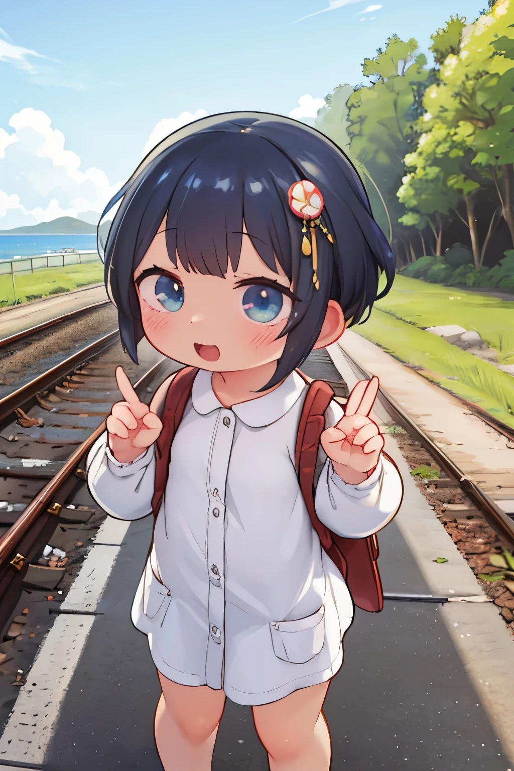 bustup、morning、Girl walking on a path parallel to the railroad tracks、Raising the right hand、Vigorous、You can see the sea in the background, I see the train、( hair adornments、Floral hair ornament)、 masutepiece, Anatomically correct、A smile, radiant light、Shinkai Makoto style