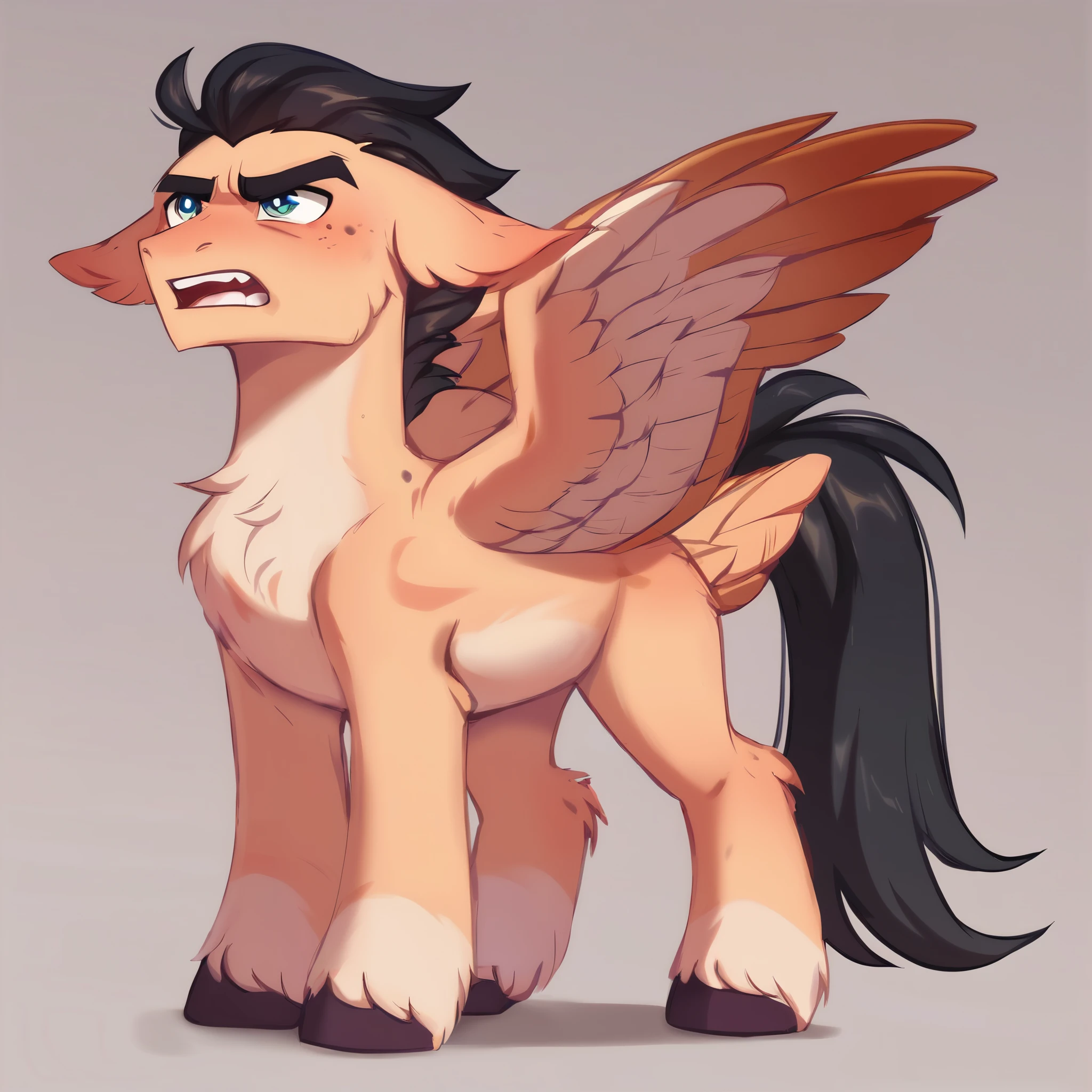 score_9, score_8_up, score_7_up, score_6_up, score_5_up, score_4_up, show accurate, full body, simple background, feral pony, male pony, teenage pony, pegasus pony, pegasus wings, wings of the same skin color, the prince, standing on all fours, rebellious and rude attitude, angry look, mocking grimace,