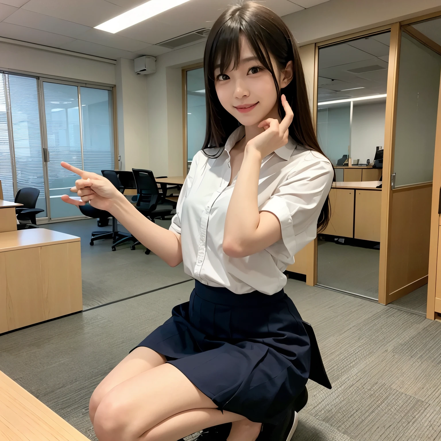 masterpiece,8k,highest quality,Ultra-fine illustration, big_file size, highly detailed face, perfect lighting, full color, OL, suitを着ている, (inside the office:1.5), detailed background, professional lighting, dynamic angle, Fine and shiny skin,big目), cute, 21 years old, (Photographed from the front), (squat:1.5), (suit, satin shirt,mini tight skirt:1.1),medium black hair, I can see white panties, (office background:1.5), smile