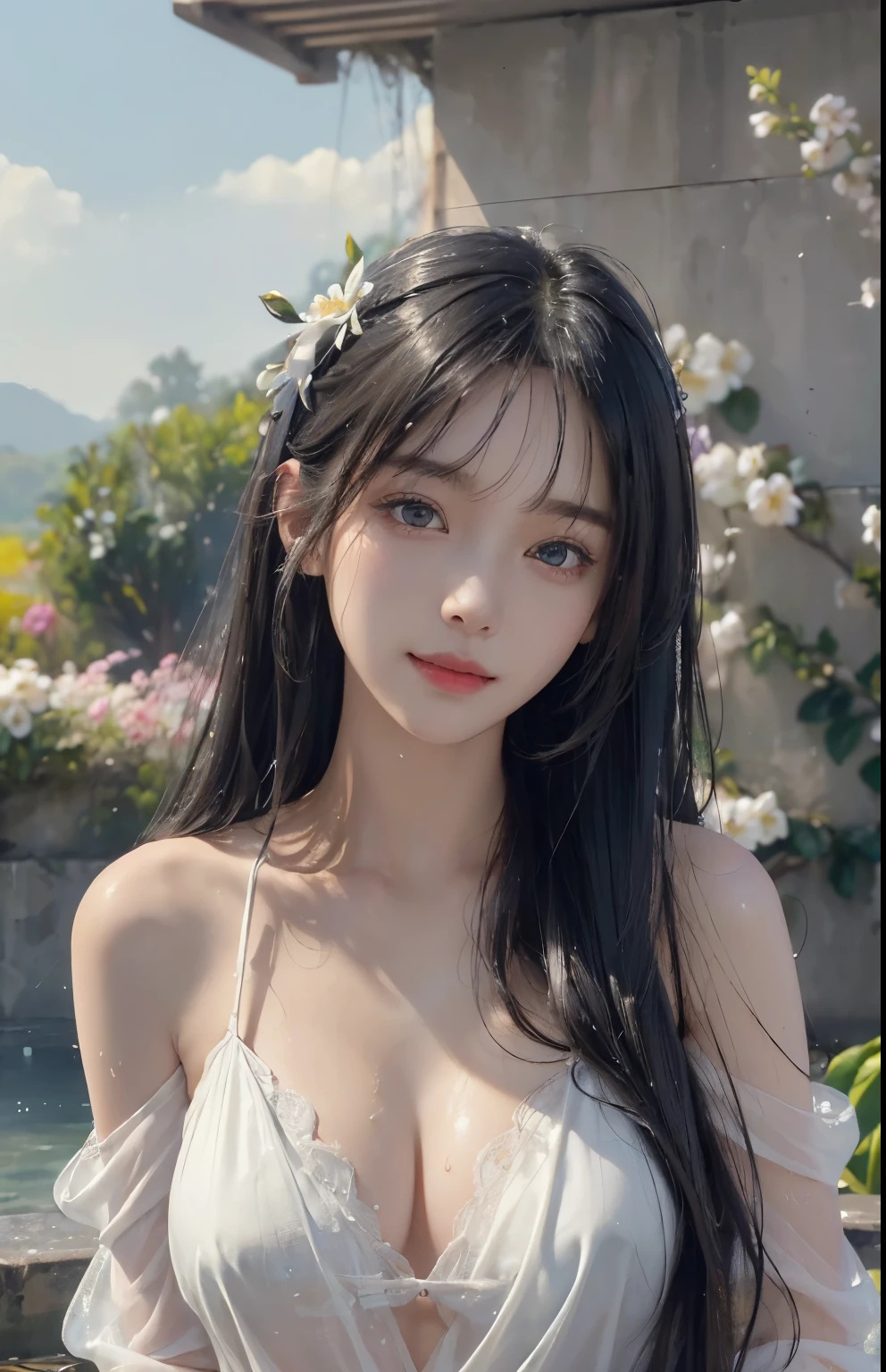 (A hyper-realistic)、(illustration)、(hight resolution)、(8K)、(highly detailed)、(Best Illustration)、(beautifully detailed eyes)、(top-quality)、(ultra-detailed)、(masterpiece)、(wall-paper)、(A detailed face)、solo、1 girl、looking at viewert、fine detailed、A detailed face、deep-shadows、lowkey、pureerosfaceace_v1、A smile、Black straight hair、46-point diagonal bangs、Wet hair、Wet skin、Navel Ejection、Hair spreads、See-through stole on shoulder、Dynamic Posing、Lots of flowers in the background、Big hair ornament、