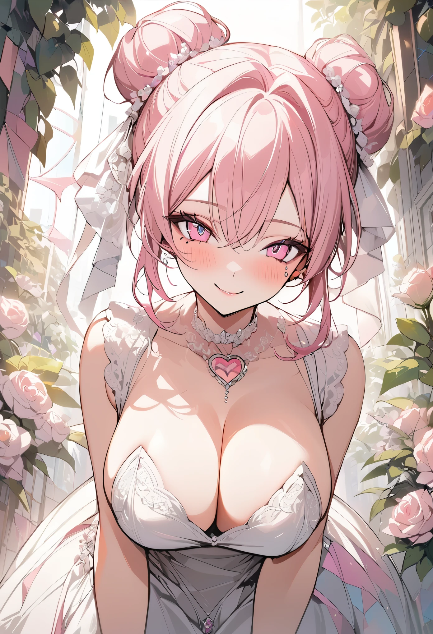1 girl, pink long bun hair, heart shaped eyes, ♡, big breasts, Wedding dress, {girl with pink long bun hair named Nami}, (Pink eye color), {downtown}, (smile), bright background , mole under eye, heart shaped choker, (masterpiece, highest quality), very detailed, highest quality, official art, beautiful and aesthetic: 1.2), (1 girl), very detailed, (geometry art: 1.3), colorful, most detailed ?d1 girl, pink long bun hair, Eye of the symbol, +__+, big breasts, gothic costume, {A girl with long pink bun hair named Nami}, (Pink eye color), {downtown}, (smile), bright background, (garden,beautiful flower々),mole under eye, heart shaped choker, (masterpiece, highest quality), official art, beautiful and aesthetic: 1.2), (1 girl), very detailed, (geometry art: 1.3), colorful