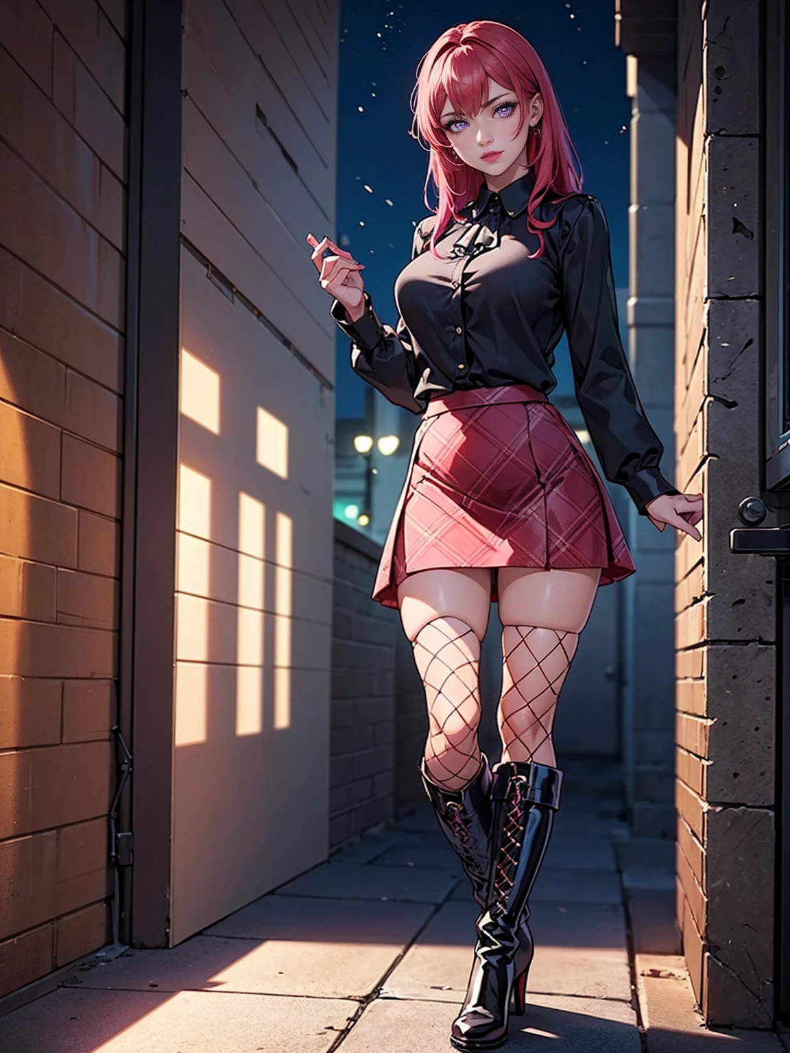 ((solo, 1woman, TakashiroHiroko, dark purple eyes, red hair, pink lipstick, Extremely detailed, ambient soft lighting, 4k, perfect eyes, a perfect face, perfect lighting, a 1girl)), ((solo, (1woman, pink lipstick), Extremely detailed, ambient soft lighting, 4k, perfect eyes, a perfect face, perfect lighting, a 1girl)), ((closed black blouse, (black woolen blouse, long-sleeved blouse, black woolen blouse), ((beige skirt, (plaid skirt, short skirt))), leather high-heeled boots, high-heeled boots, thigh-high boots, thigh, ((beige skirt)), high boots, sexy look, wearing beige skirt, sexy clothes, in the city, monument, modern sculpture, Bella Poarca, Bela Vista, with neon lights, fishnet stockings, leather boots above knee, night, lighting))