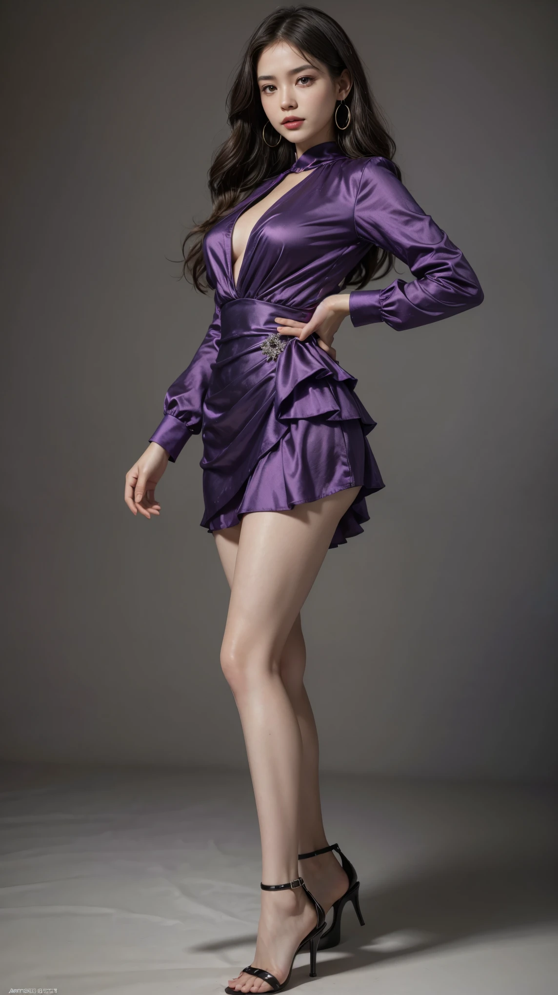 highest quality,masterpiece,ultra high resolution,(actual:1.4),original photo,ultra high resolution，8K，there is a woman，Fair skin，big waves，Collaboration miniskirt dress of medium purple and cool black:1.5，high heels，long legs:1.5，bright and beautiful，high waist，Fancy makeup with red eyeshadow，Large ring earrings，Lively poses，