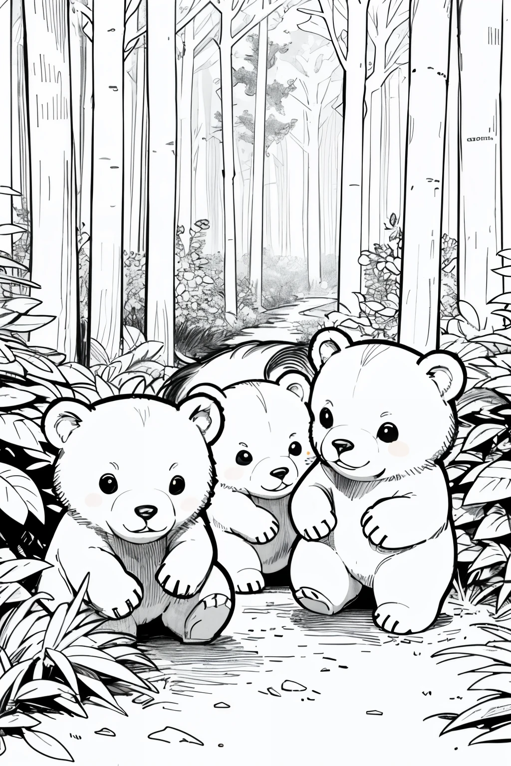 Design style drawing "Bobbie Goods", white baby bears playing in a forest, drawing style well defined black lines, rostros bien definidos, estilo libro para colorear, sin color de fondo, apto para colorear. Sin personas.