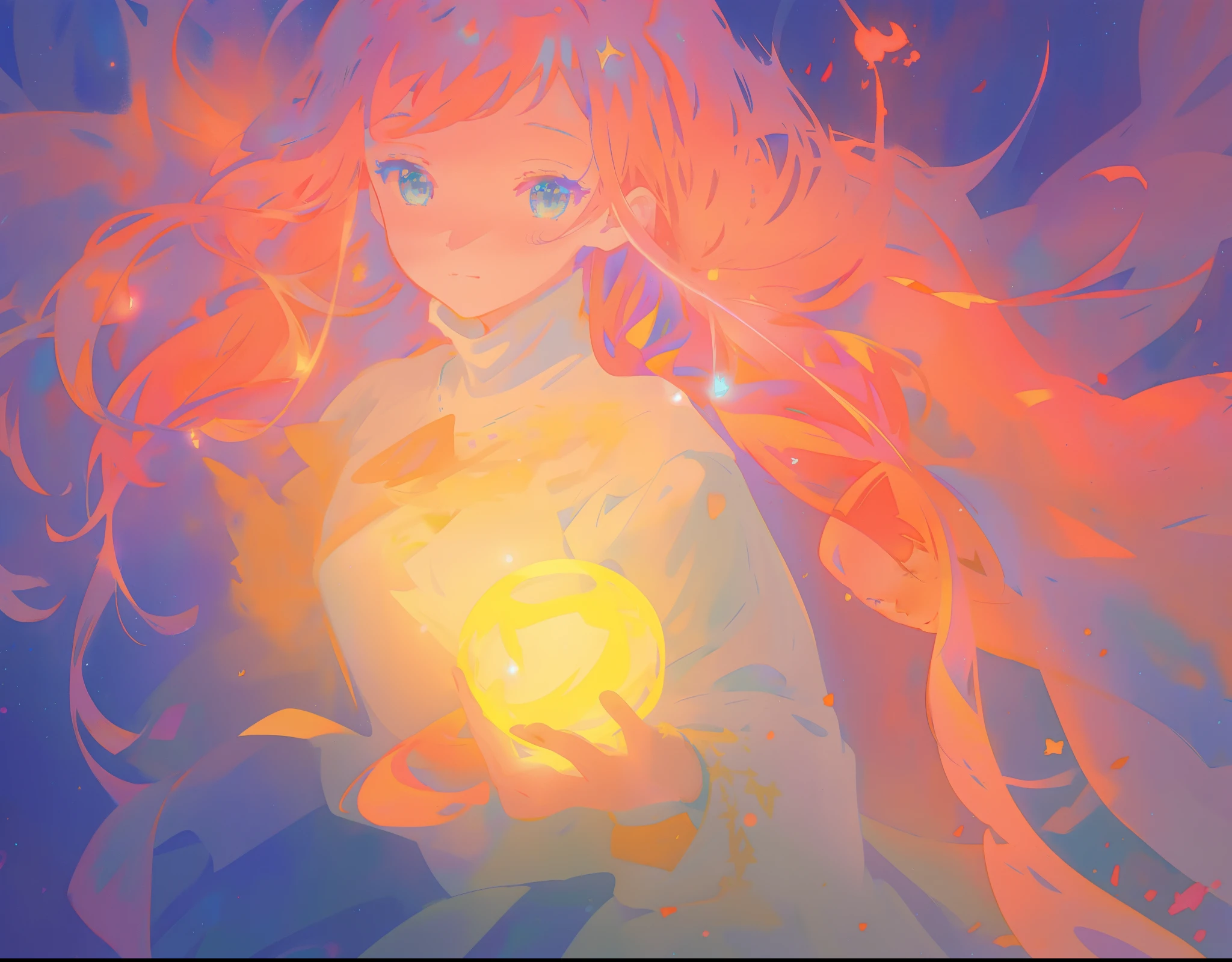 watercolor illustration, beautiful young girl in a long flowing sleeve dress, simple medieval style dress, long flowing hair, beautiful girl holding a glowing ball of light, sparkling blue eyes, colorful fantasia background, watercolor illustration, disney art style, glowing aura around her, glowing lights, beautiful digital illustration, beautiful, masterpiece, best quality, anime disney style