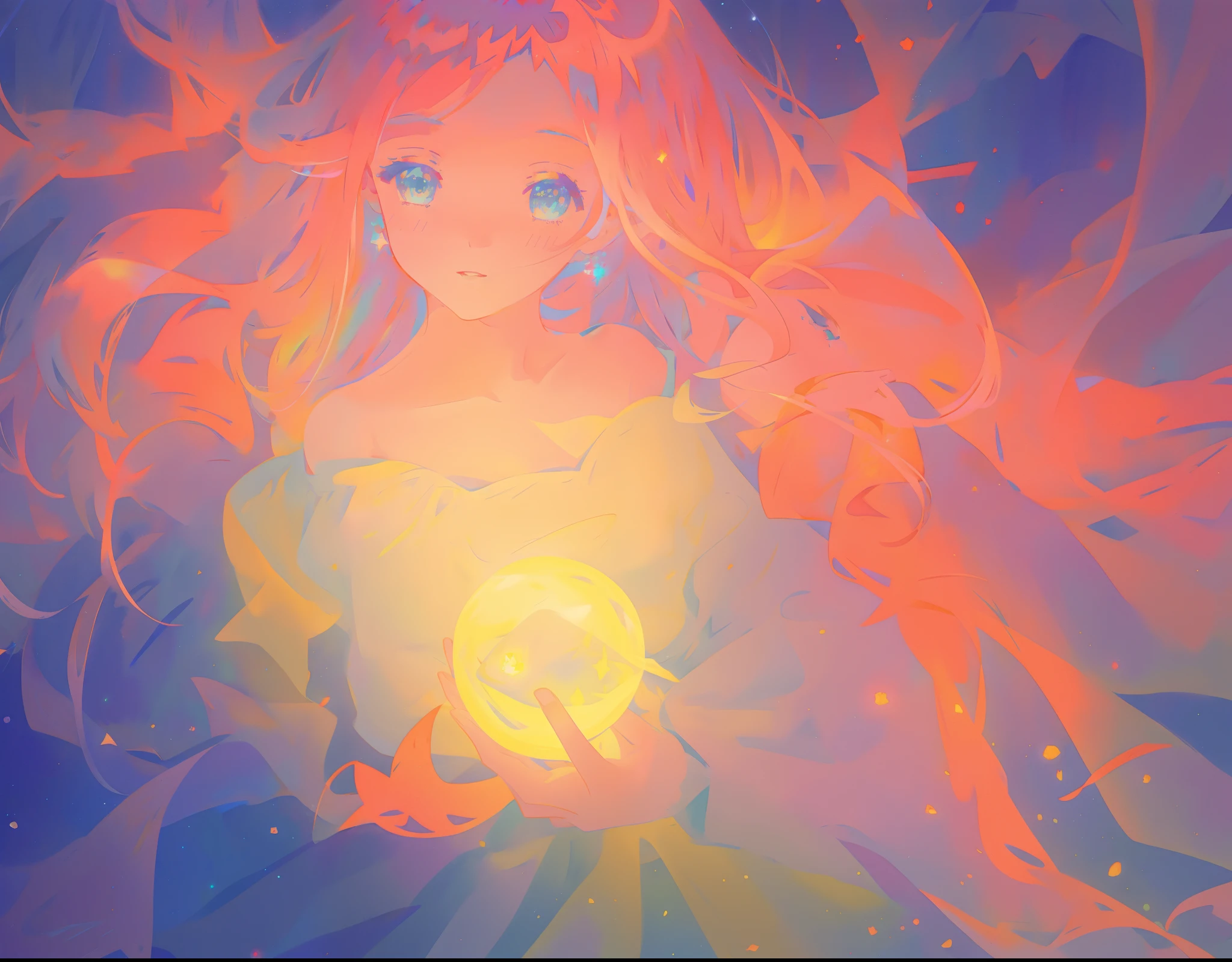 watercolor illustration, beautiful young girl in a long flowing sleeve dress, simple medieval style dress, long flowing hair, beautiful girl holding a glowing ball of light, sparkling blue eyes, colorful fantasia background, watercolor illustration, disney art style, glowing aura around her, glowing lights, beautiful digital illustration, beautiful, masterpiece, best quality, anime disney style