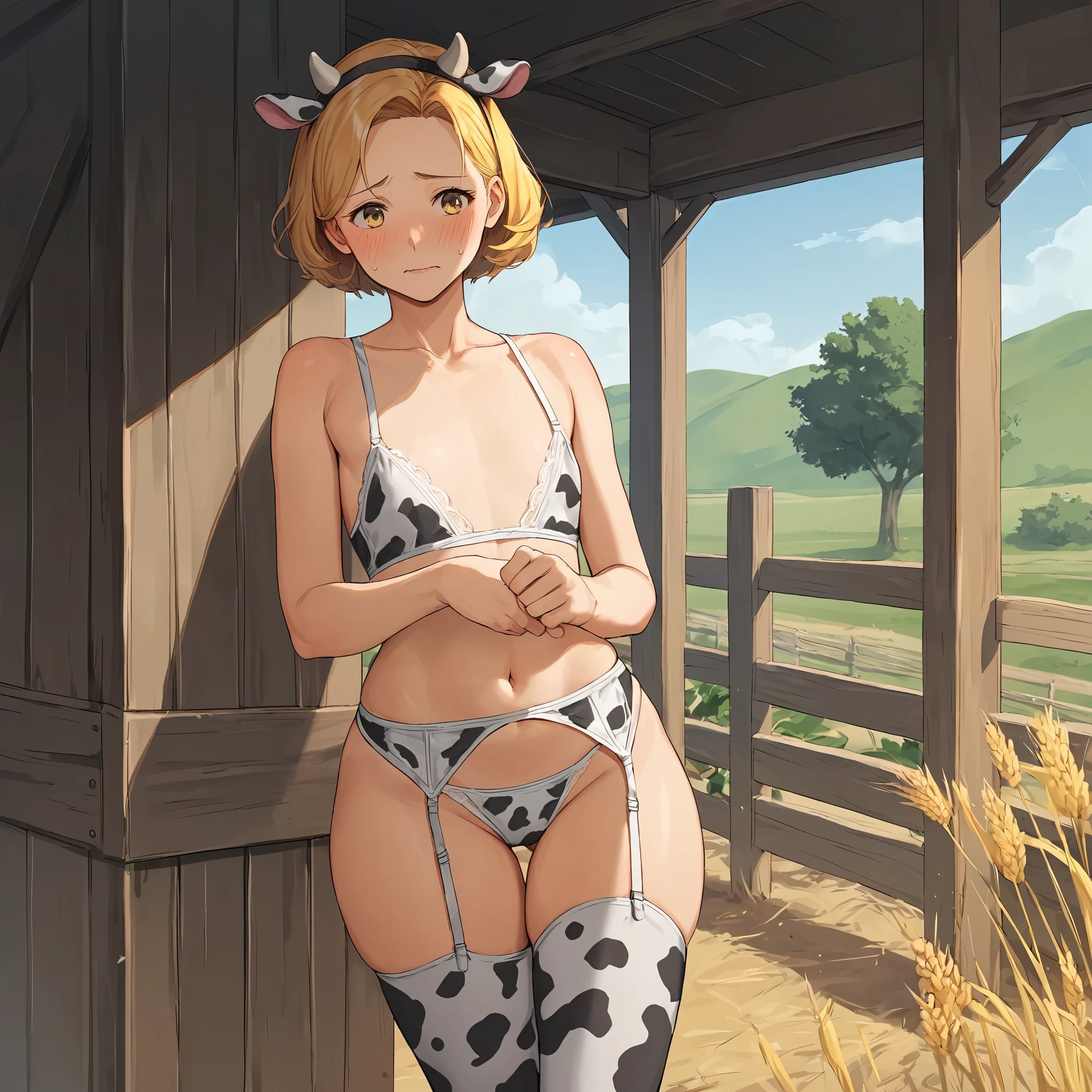 by laserflip, source_anime, score_9, score_8_up, score_7_up, score_6_up, uncensored, 5_fingers, agriculture mood and atmosphere, 1girl, yellow eyes, yellow hair, shy embarrassed face, flat chest, large thighs, large hips, large ass, mst cow print lace bra and lace panties, belt, cow print stockings, cow horns, intricate and detailed view of rural farm outdoors, haystacks, wheat fields, wooden fences, farmhouse,