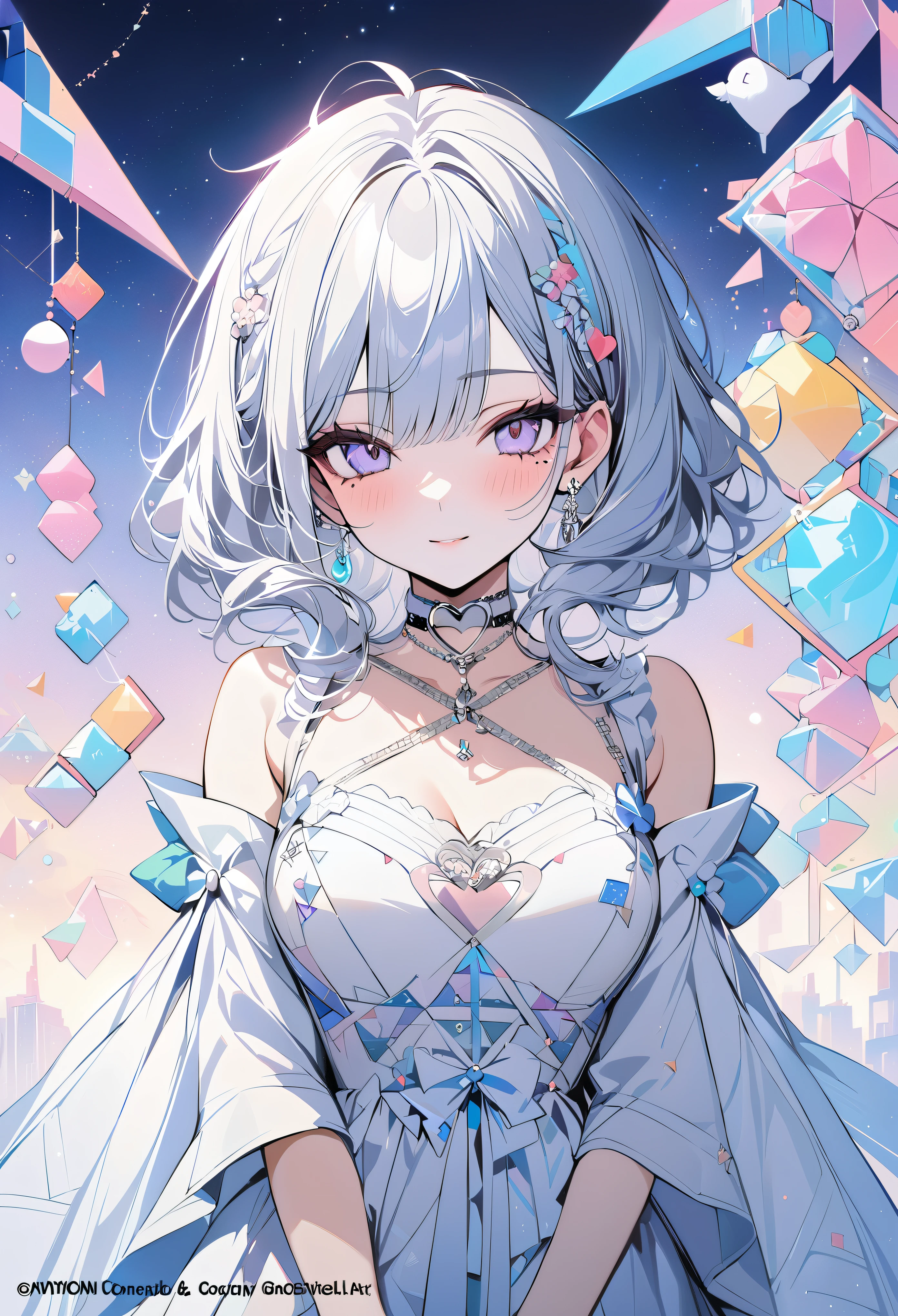 ,beautiful flower々),mole under eye, heart shaped choker, (masterpiece, highest quality), official art, beautiful and aesthetic: 1.2), (1 girl), very detailed, (geometry art: 1.3), colorful