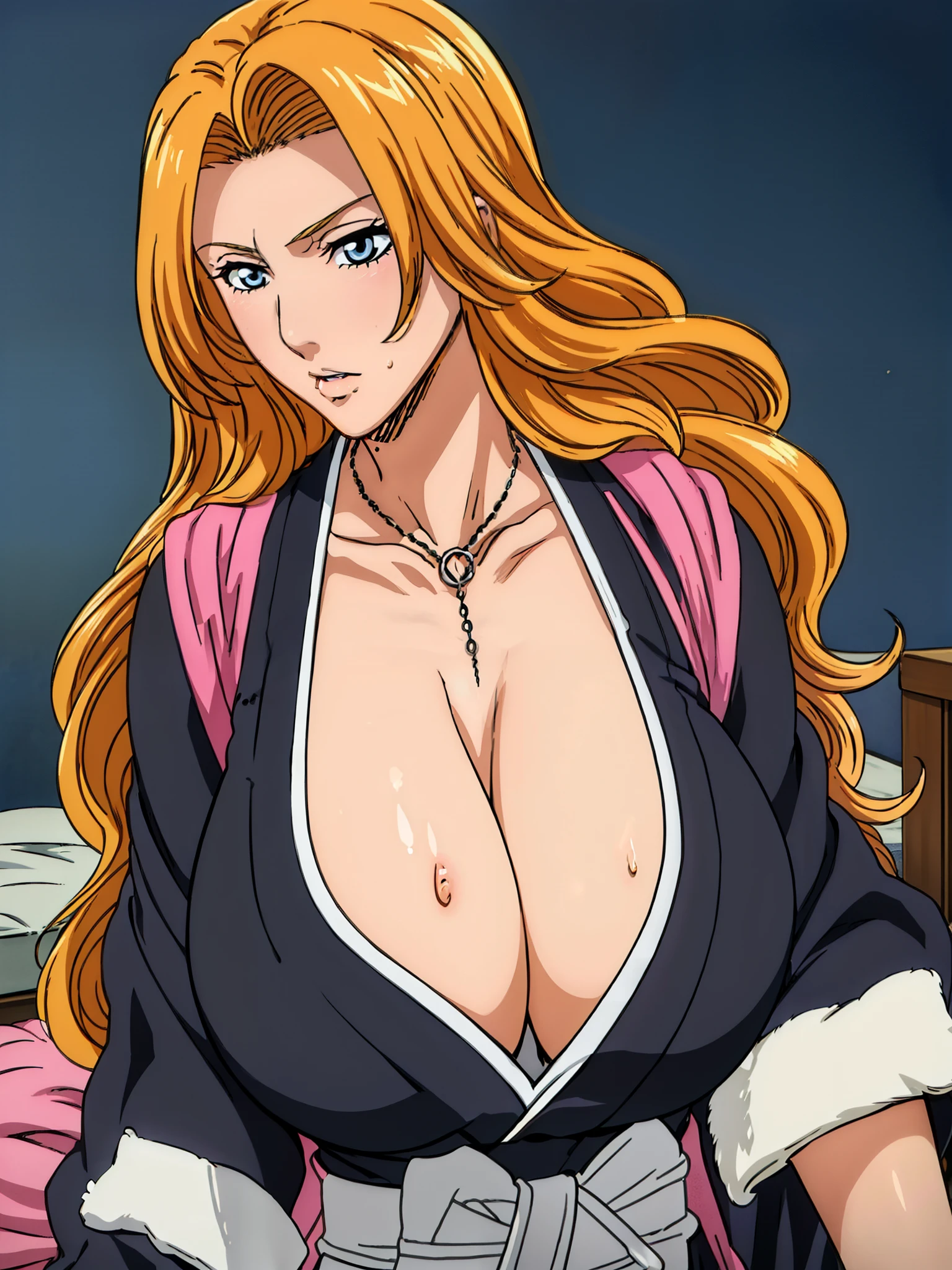 sexy pose, (bedroom background), black shirt, kimono, japanese clothes, collarbone, cleavage, jewelry, necklace, matsumoto rangiku, takeda hiromitsu style, anime cels style, best quality, high resolution,  (gigantic breasts:1.3), cowboy shot, blush, embarrassed, blue eyes, Blonde hair,bangs,Long_hair, 1 girl